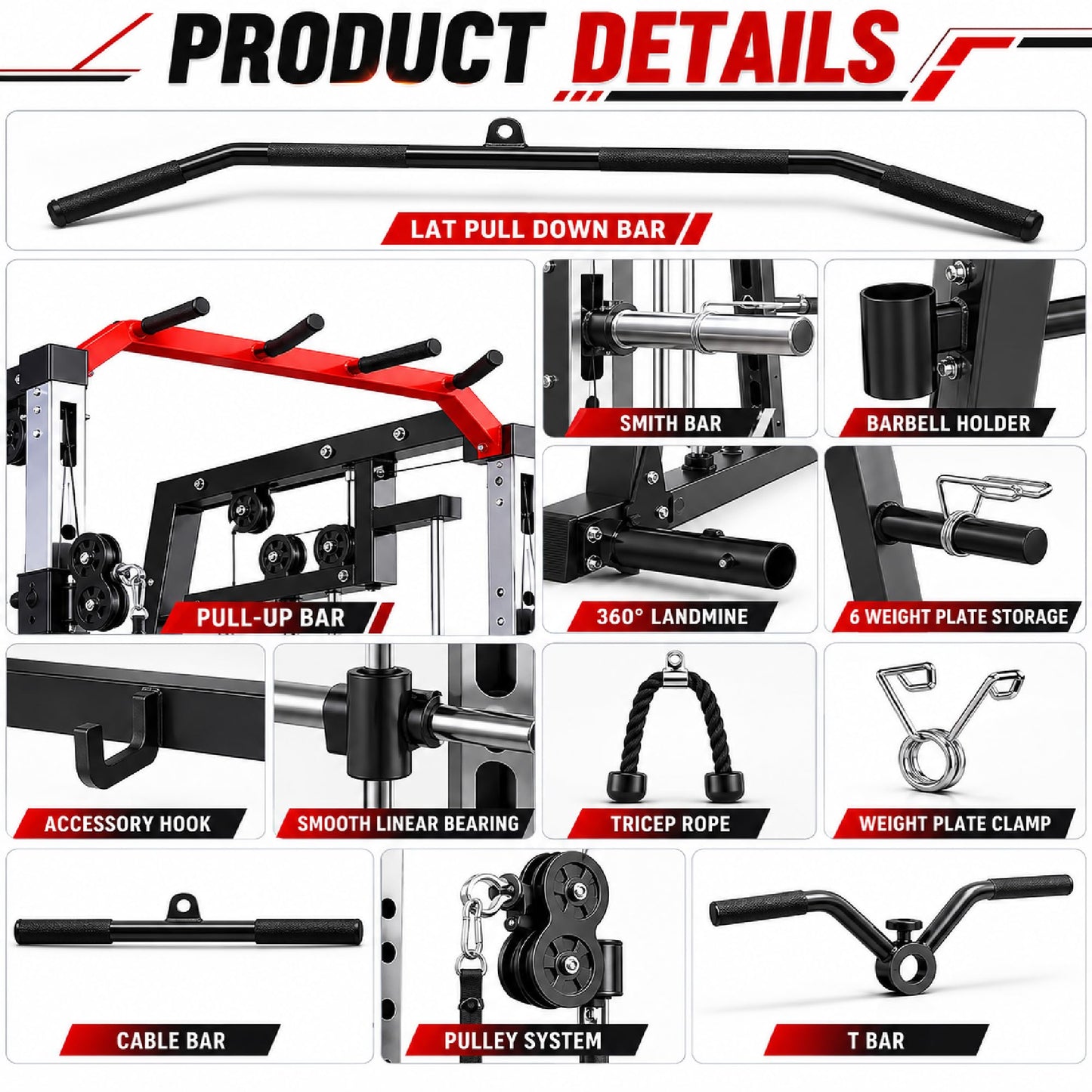 Smith Machine, 2000LBS Power Cage with Cable Crossover System, Squat Rack with Smith Bar, All-in-One Home Gym System, Dual Independent Pulley,LAT Pulldown,Pull-Up Bar, Landmine, J Hooks