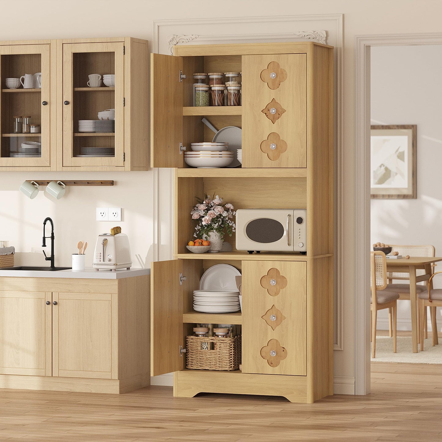 IDEALHOUSE Mid Century Modern Kitchen Pantry Cabinet, 72" Tall Storage Cabinet with Microwave Shelf, Wooden Freestand Cupboard with Carved Flower Door & Crystal Handle, for Dining Room