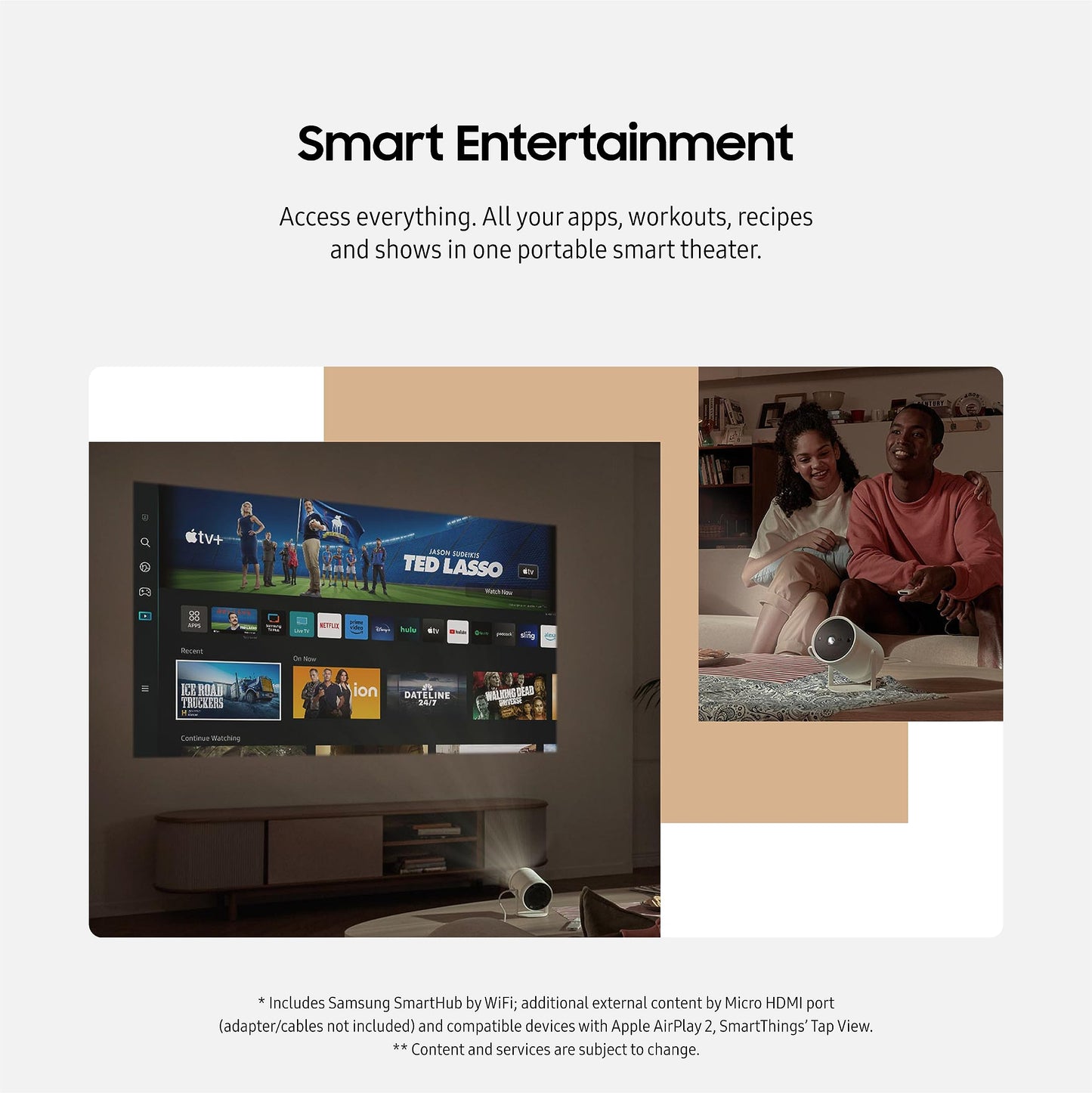 Samsung 30” - 100” The Freestyle 2nd Gen with Gaming Hub Smart Portable Projector, FHD, HDR, Big Screen Home Theater Experience, 360 Sound, SP-LFF3CLAXXZA, 2023 Model