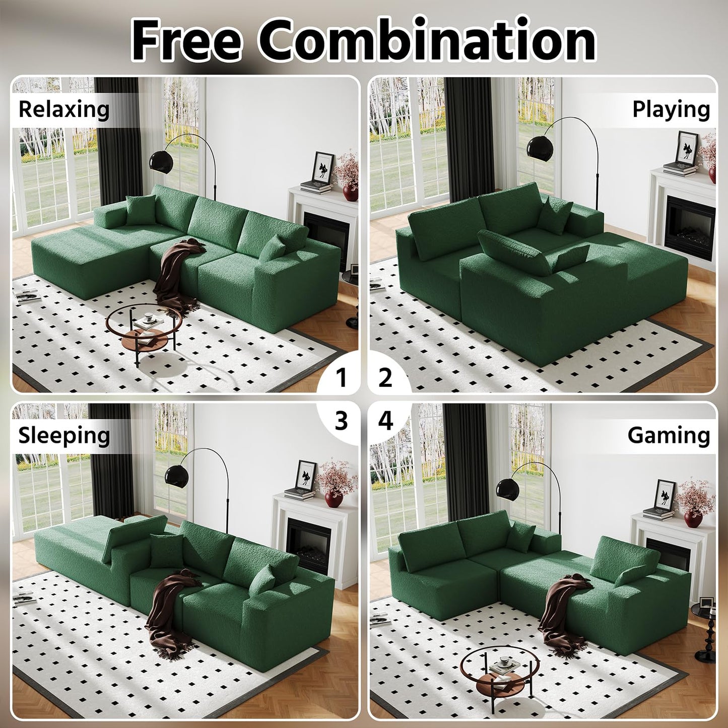 108" Cloud Modular Sectional Couch with L-Shape Chaise, Modern Sectional Sofa with Deep Seat Couch, Ultra Soft Knit Fabric Couches for Living Room, No Assembly Required, Left Facing Chaise (Green)