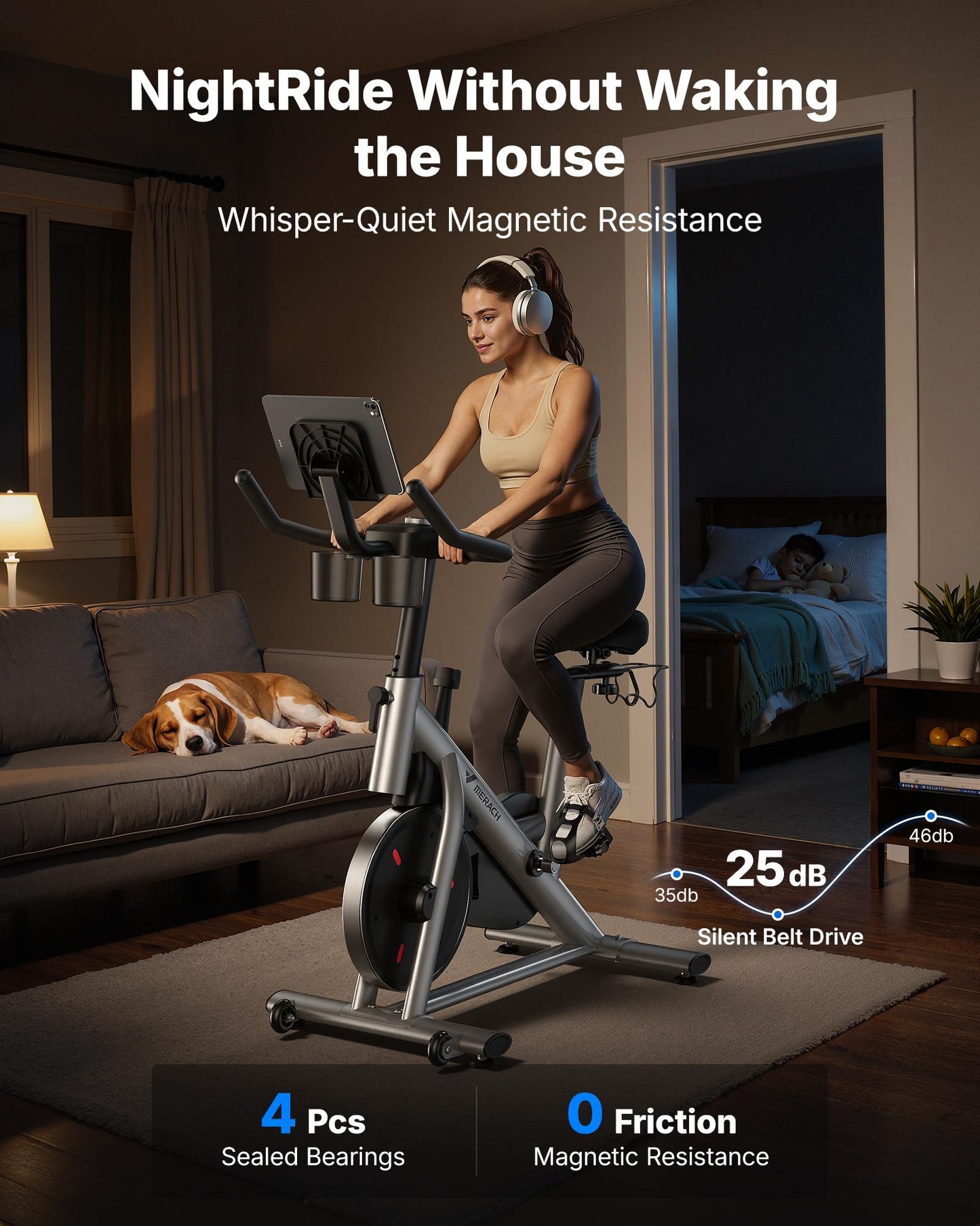 Merach Exercise Bike, Magnetic Friction Stationary Bike with Brake Pad and Exclusive App, Low Noise Indoor Cycling Bike with 300lbs Weight Capacity, Tablet Mount and Fitness Courses for Weight Loss