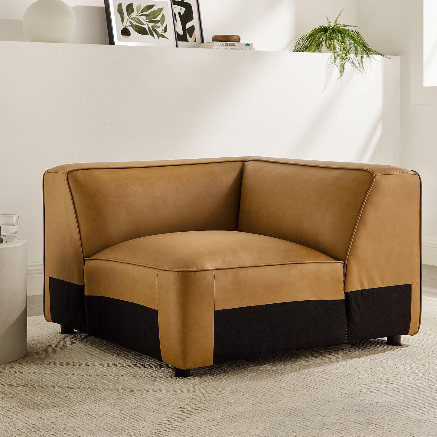 Modway Auren Vegan Leather Corner Modular Chair in Camel - Mid Century Modern Faux Leather Corner Sectional Couch - Living Room Armless PU Leather Single Sofa Chair