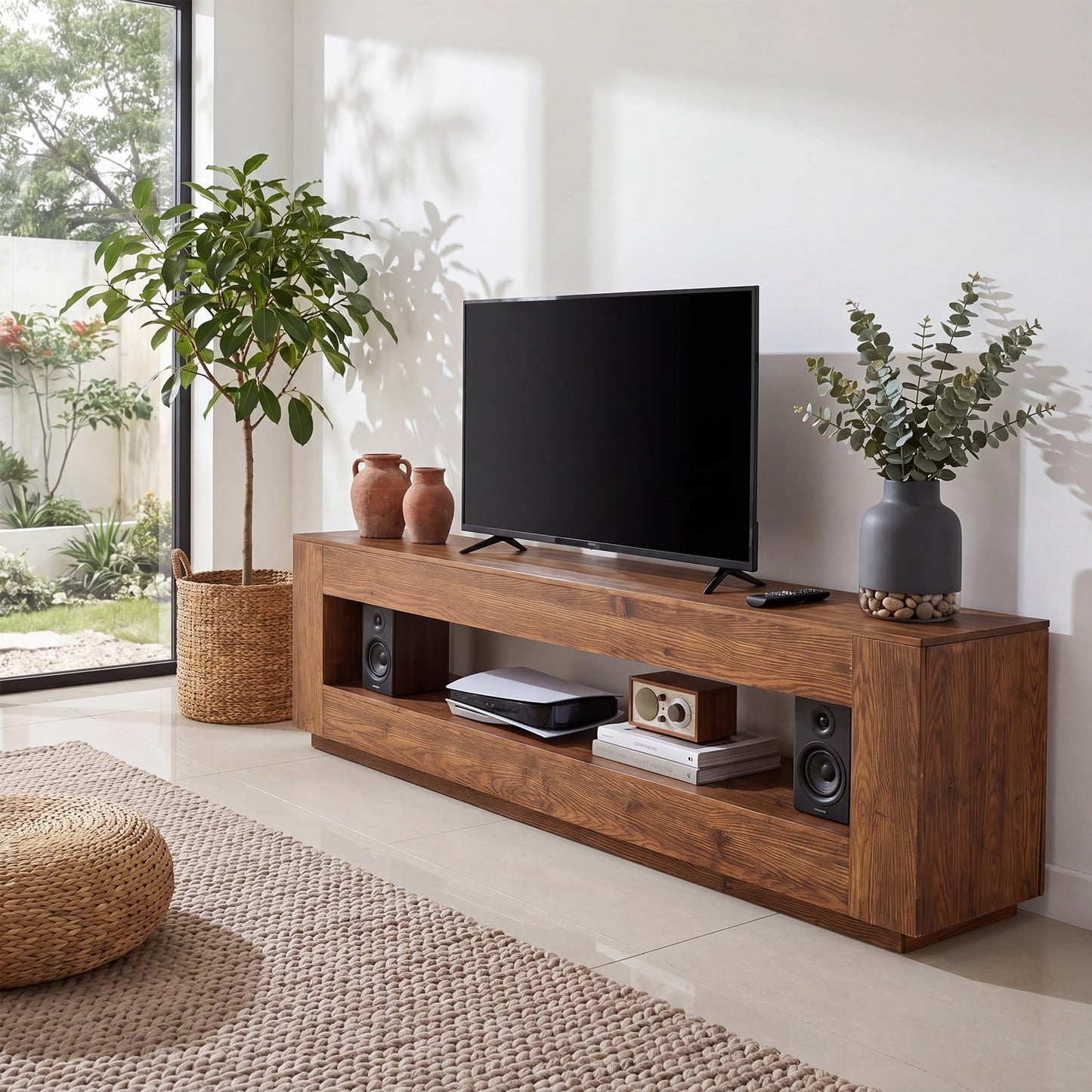 LITTLE TREE 70.86-in Extra Long Solid Wood TV Stand for 55/65/75/85 inch TVs, 2-Tier Entertainment Center, Media Console Table with Storage Shelf, TV Stands for Living Room, Bedroom, Chestnut
