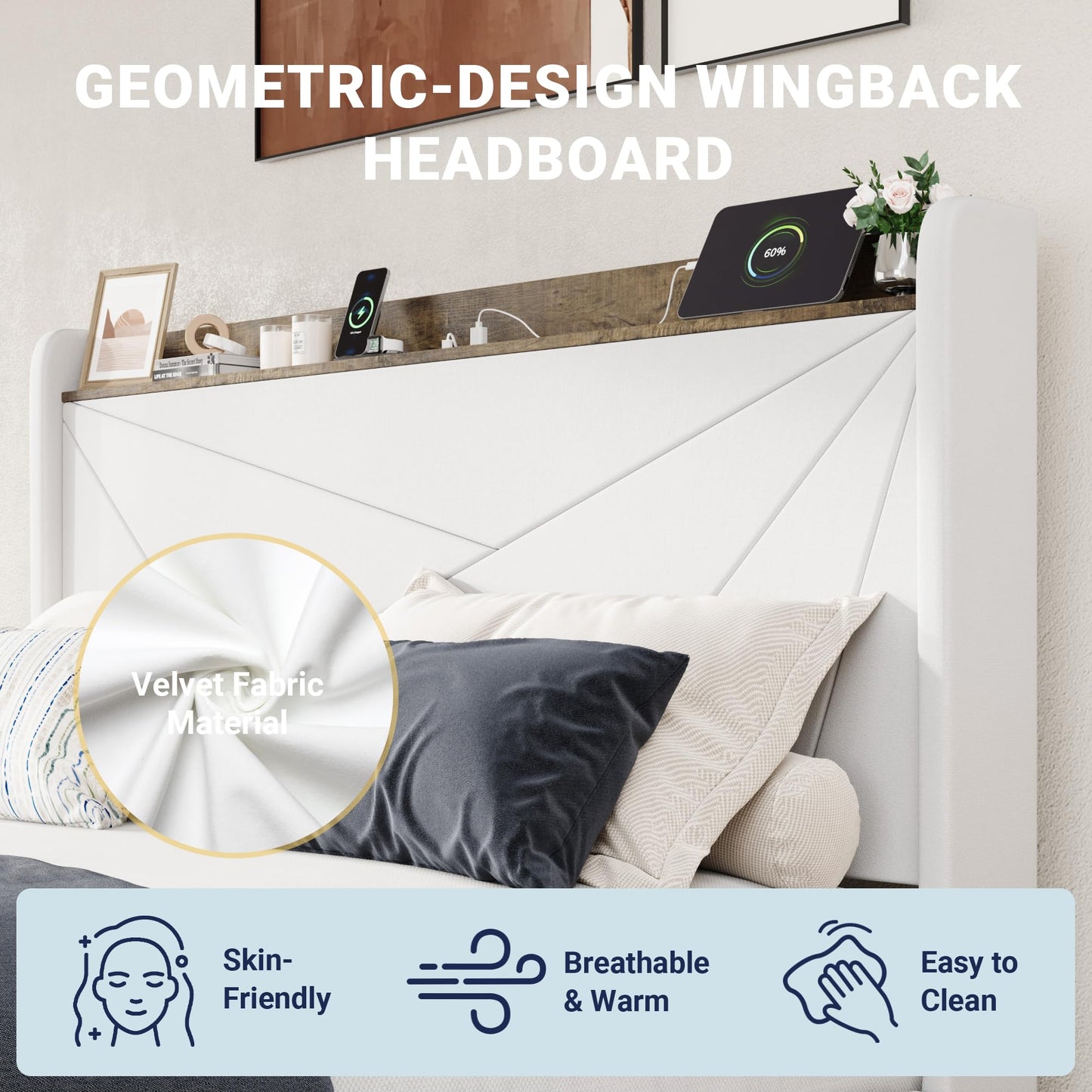 Allewie Full Size Velvet Bed Frame with 3 Storage Drawers, Upholstered Platform Bed with Wingback Storage Headboard and USB Ports, No Box Spring Needed, Easy Assembly, White