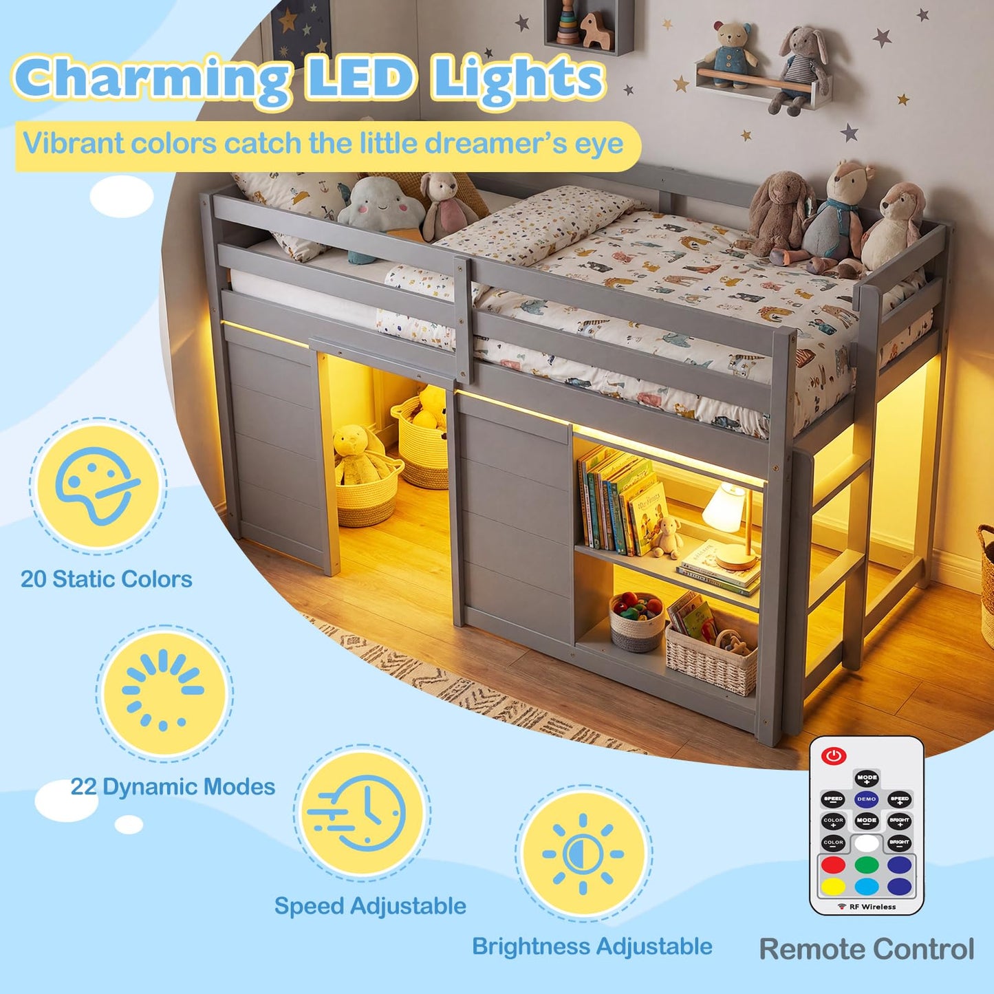 Giantex Loft Bed Twin Size with LED Lights, Wooden Low Bed Frames for Kids w/2 Doors, Under-Bed Play Space & Storage Bookcase, Modern Bedframe with Ladder & Safety Guardrail for Boys Girls (Grey)