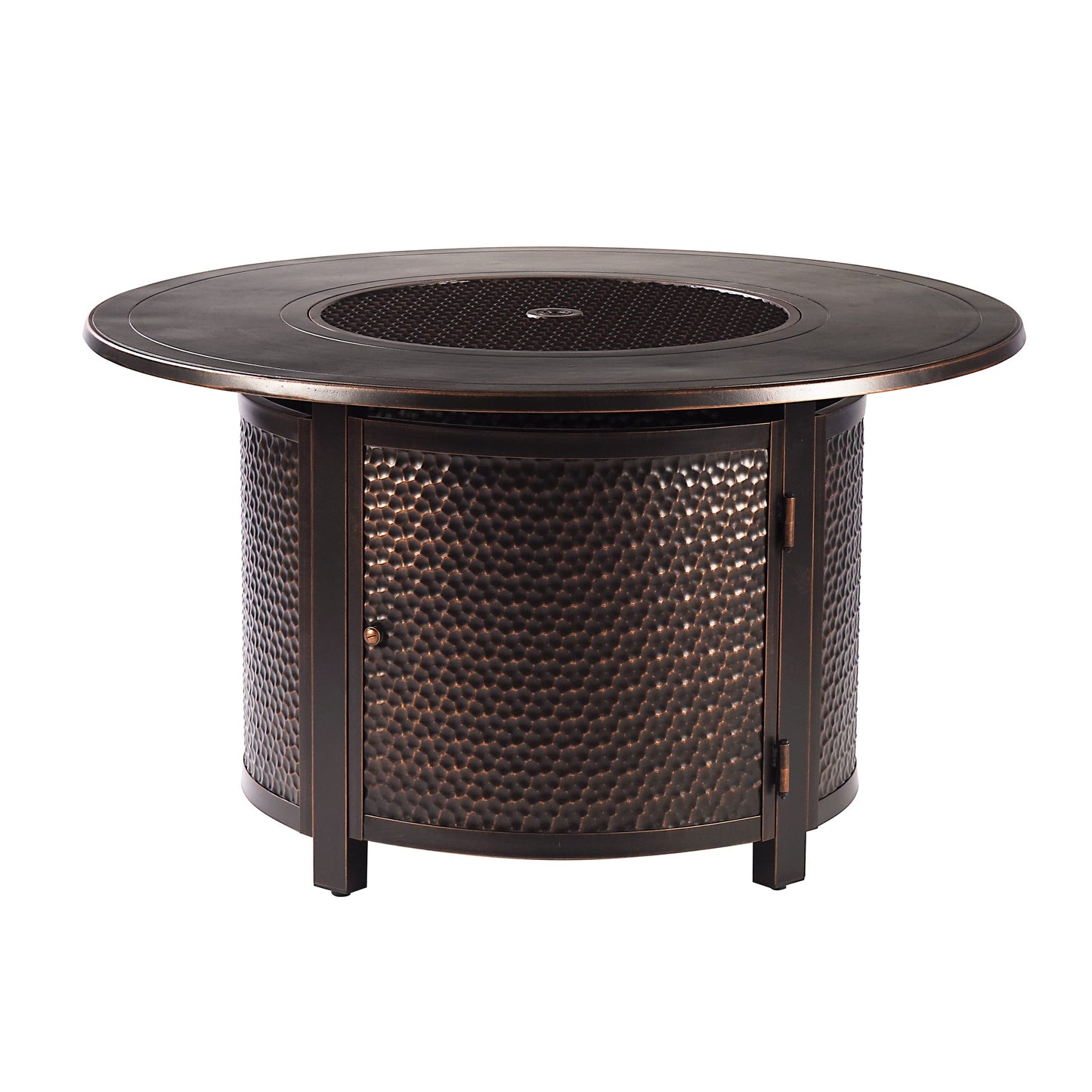 Oakland Living Aluminum 44 in. Round Fire Table Set Four Deep Seating Swivel Rockers, Fire Beads, Lid and Fabric Covers