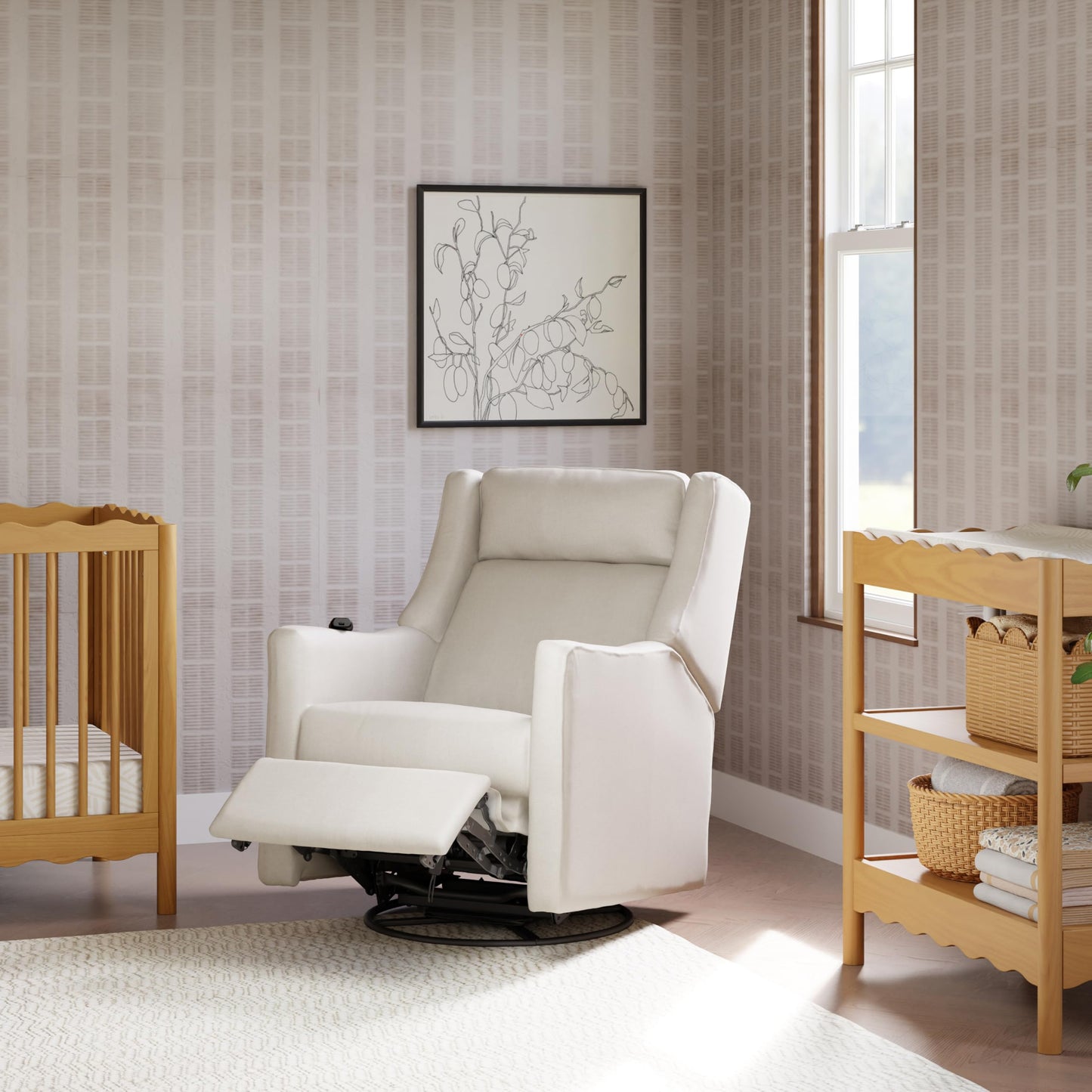 Babyletto Kiwi Deluxe Power Recliner and Swivel Glider with Heat and Massage in Performance Cream Eco-Weave, Water Repellent & Stain Resistant, Greenguard Gold, FSC and CertiPUR-US Certified