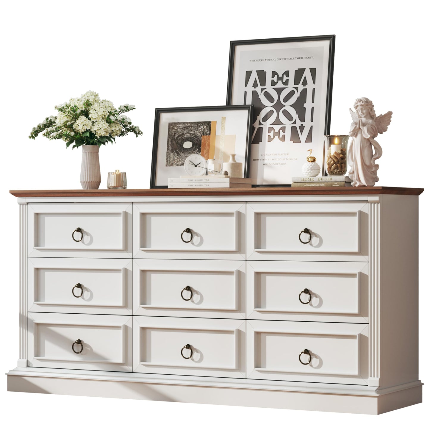 HUAHUU Farmhouse 9 Drawer Dresser for Bedroom, 60" Wide Chest of Drawers with Roman Column, Wooden TV Stand with Antique Bronze Circle Handles, Storage Organizer for Living Room, Hallway, White