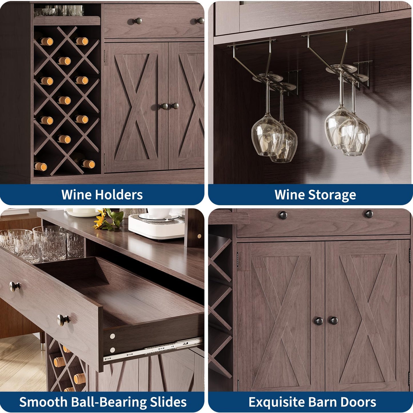 Hetoy 72" Tall Kitchen Pantry Cabinet with Power Outlet – Barn Doors, Wine Bottle Rack & Ample Storage – Modern Sideboard Buffet for Dining Room, Kitchen, or Home Bar