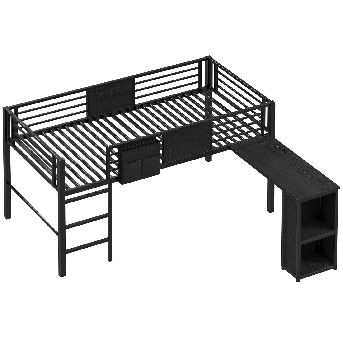 LIKIMIO Low Loft Bed Twin Size, 25 Heavy Duty Steels Support Slats with Desk & Charging Station, Twin Loft Bed with Safety Guardrails and Ladder, Black