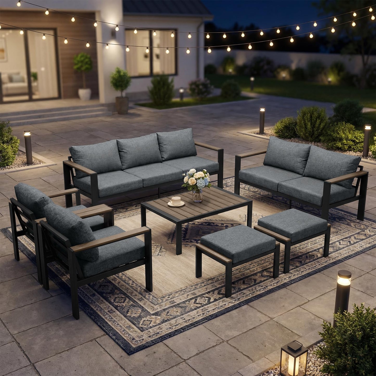 ADRERIC Patio Furniture Set 9 Seats and Coffee Table, 7 Pieces Patio Conversation Set with Thick Cushion, Ottomans, Deluxe Aluminum Modern Outside Sectional for Porch, Balcony, Deck, Yard, Light Gray