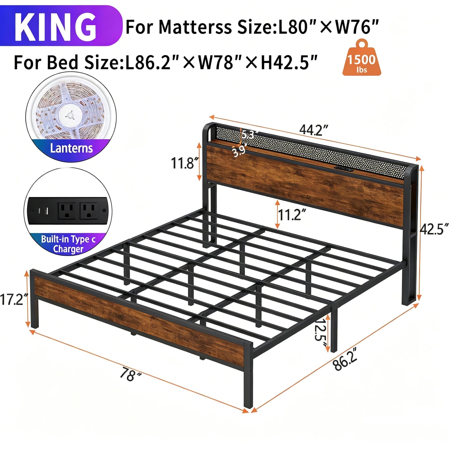 Nedenyou King Bed Frame with Charging Station and LED Lights,Heavy Duty Platform Beds King Size with Storage Headboard,USB Port,Rustic Wood and Strong Metal Support,No Box Spring Needed, Noise Free