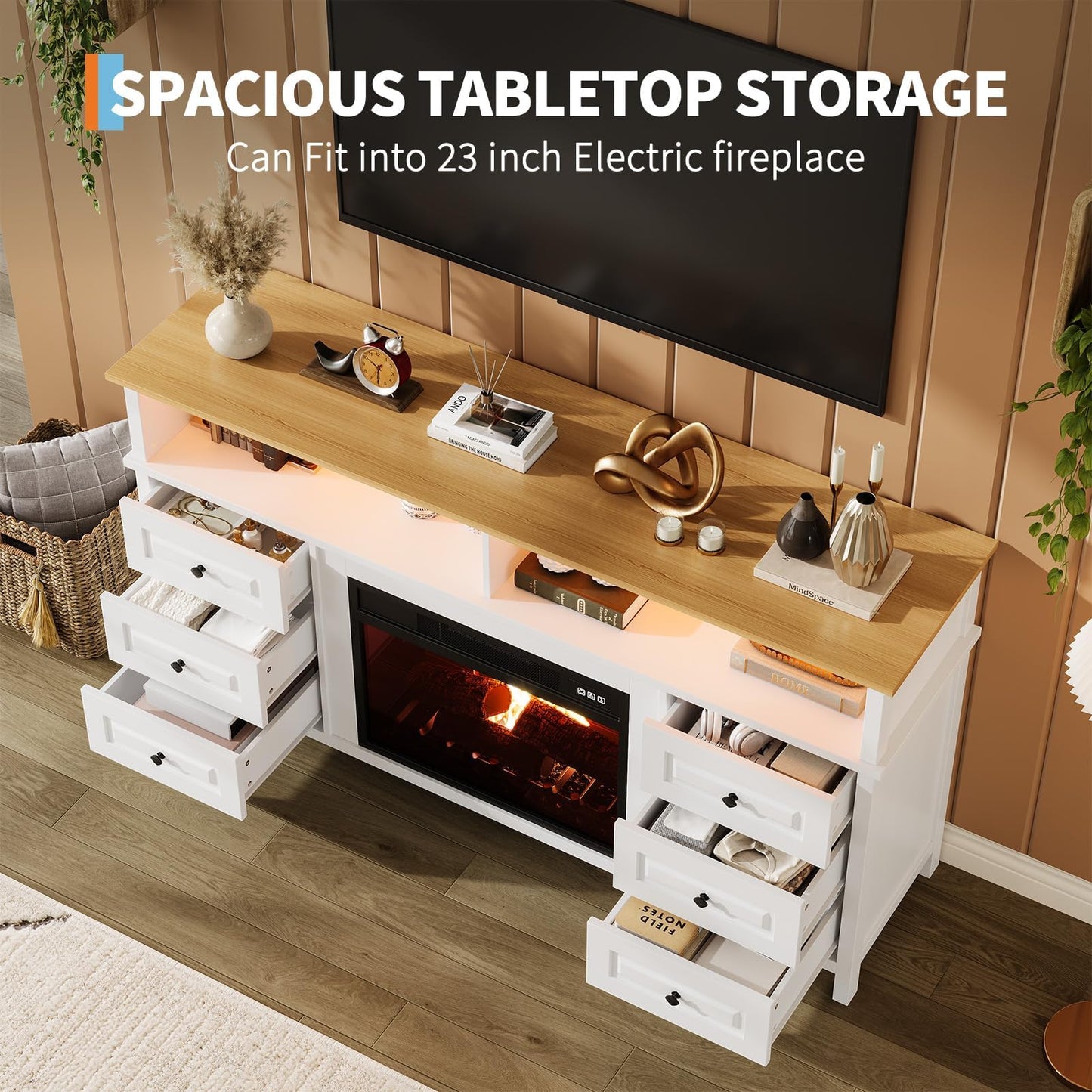 JoanKaren TV Stand with Electric Fireplace, 60" Entertainment Center for 65 Inch TV, LED Light Smart RGB, Modern Farmhouse Console, 6 Drawers Storage，Fit Into 23''Electric Fireplaces(White)