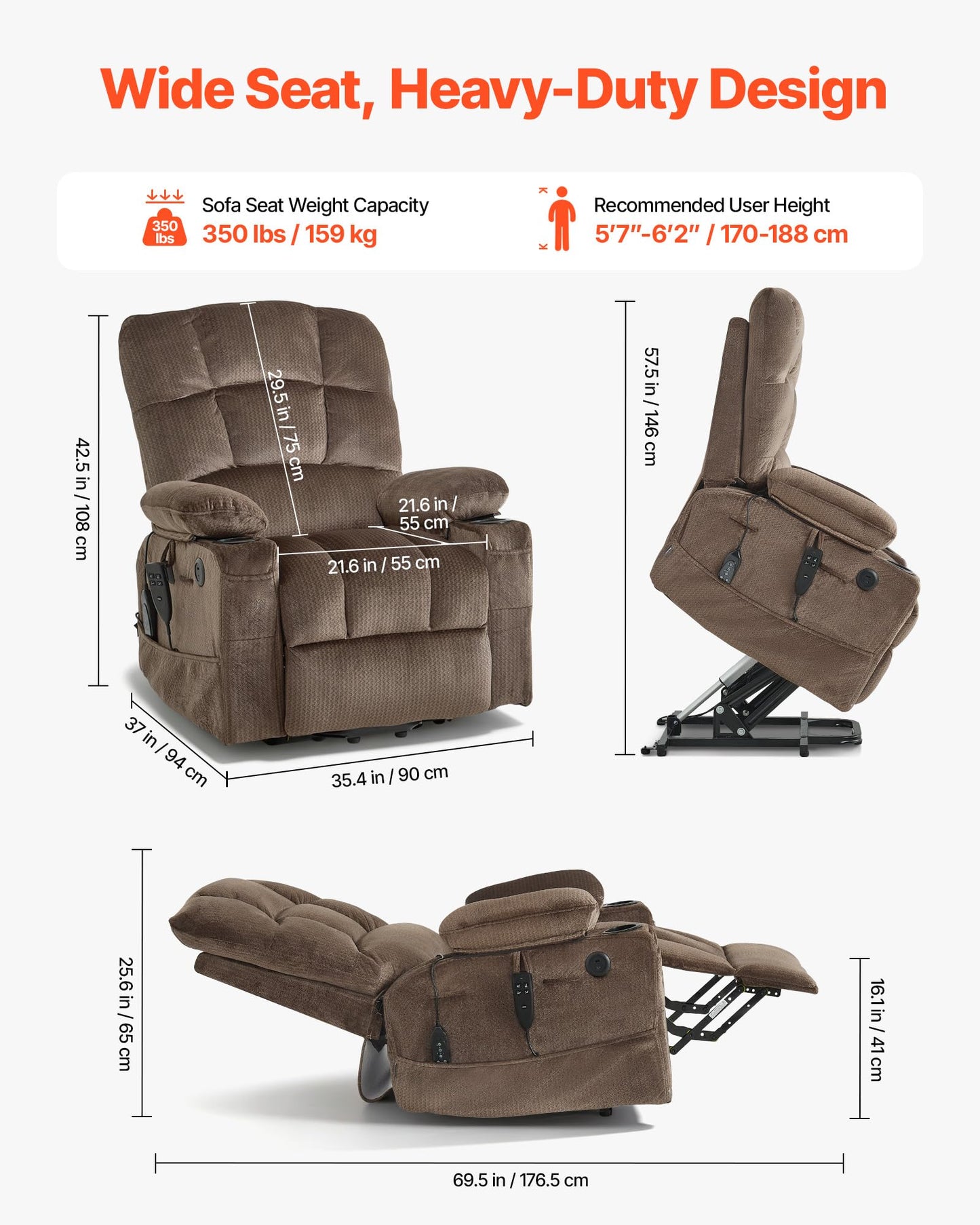 VEVOR Large Power Lift Recliner Chair, Dual Motor Lift Chair with Heat and Massage for Elderly, Position Adjustable with Side and Front Pockets, Cup Holders, Velvet Fabric, Brown