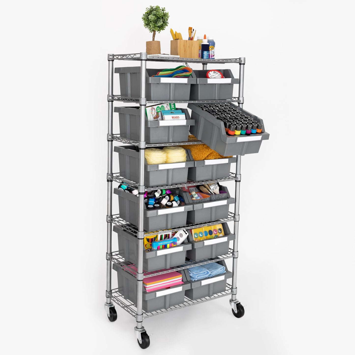 7-Tier NSF 12-Bin Steel Wire Shelving Rack, 25"W x 14"D x 56"H, Gray