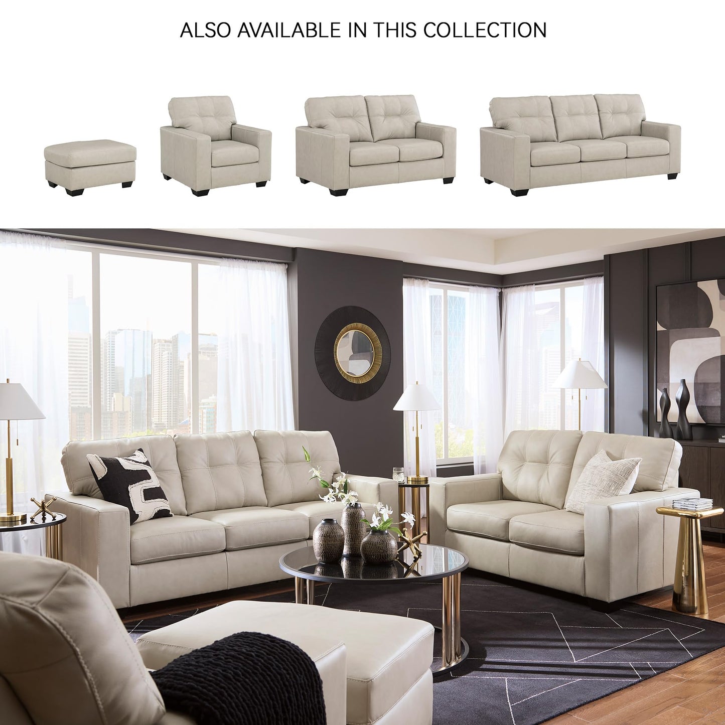 Signature Design by Ashley Santorine Classic Leather Match Loveseat with Tufted Cushion and Removable Cushion, Light Gray