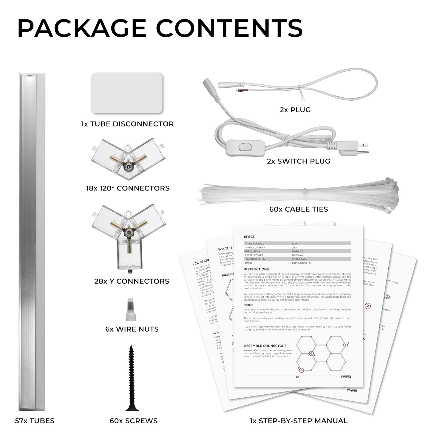 VViViD HEX-LED Modular Garage Lights Kit, 57 Tubes, 44000-48000LM, 400 Watts, Aluminum, White, Model VVHEXLED57Tube