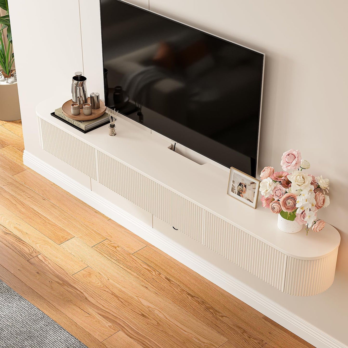 FloatiCasa Floating TV Stand with Drawers 94'',Wall Mount TV Stand,Floating Entertainment Center Shelf for Bedroom Living Room Under TV,Fully Assembled,Off-White