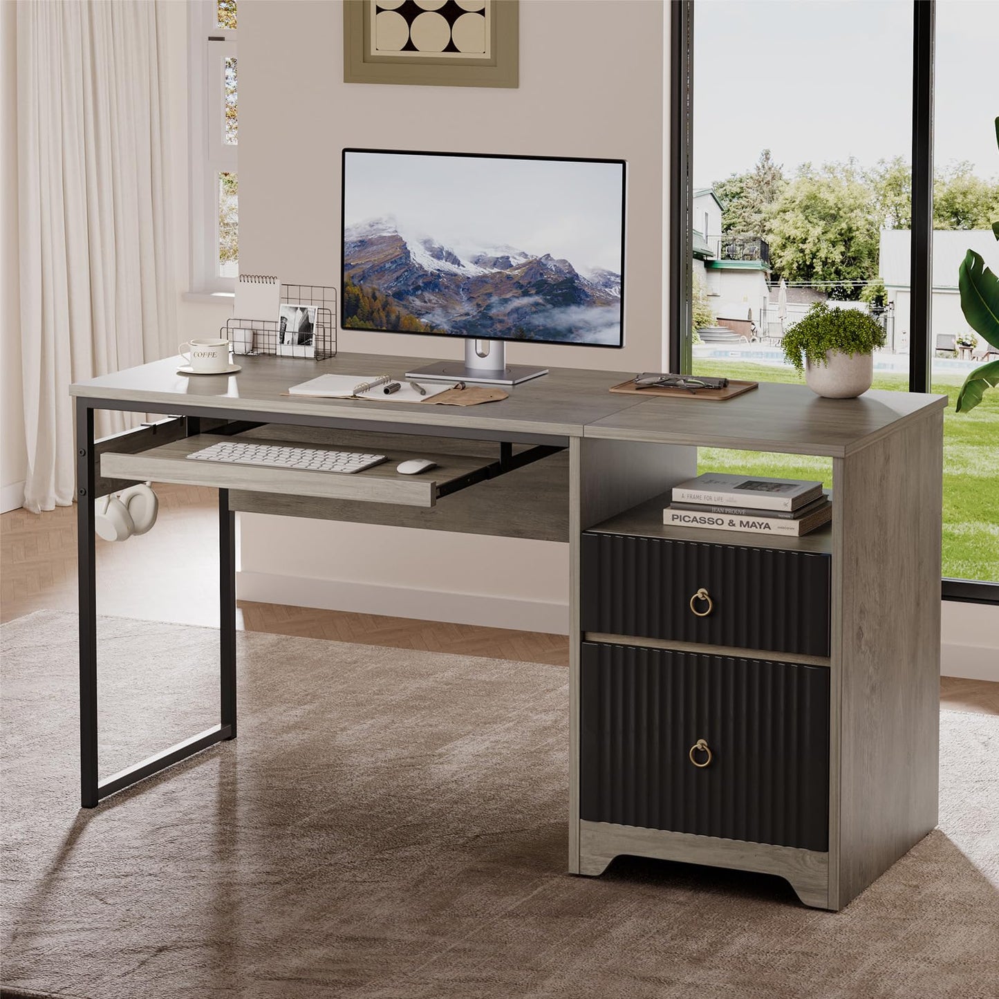 Bestier 55 Inch Computer Desk with Keyboard Tray, Modern Office Desk with Storage, Wood Writing Desk with File Drawer, Fluted Panel & 2 Hooks for Home Office & Studio, Grey