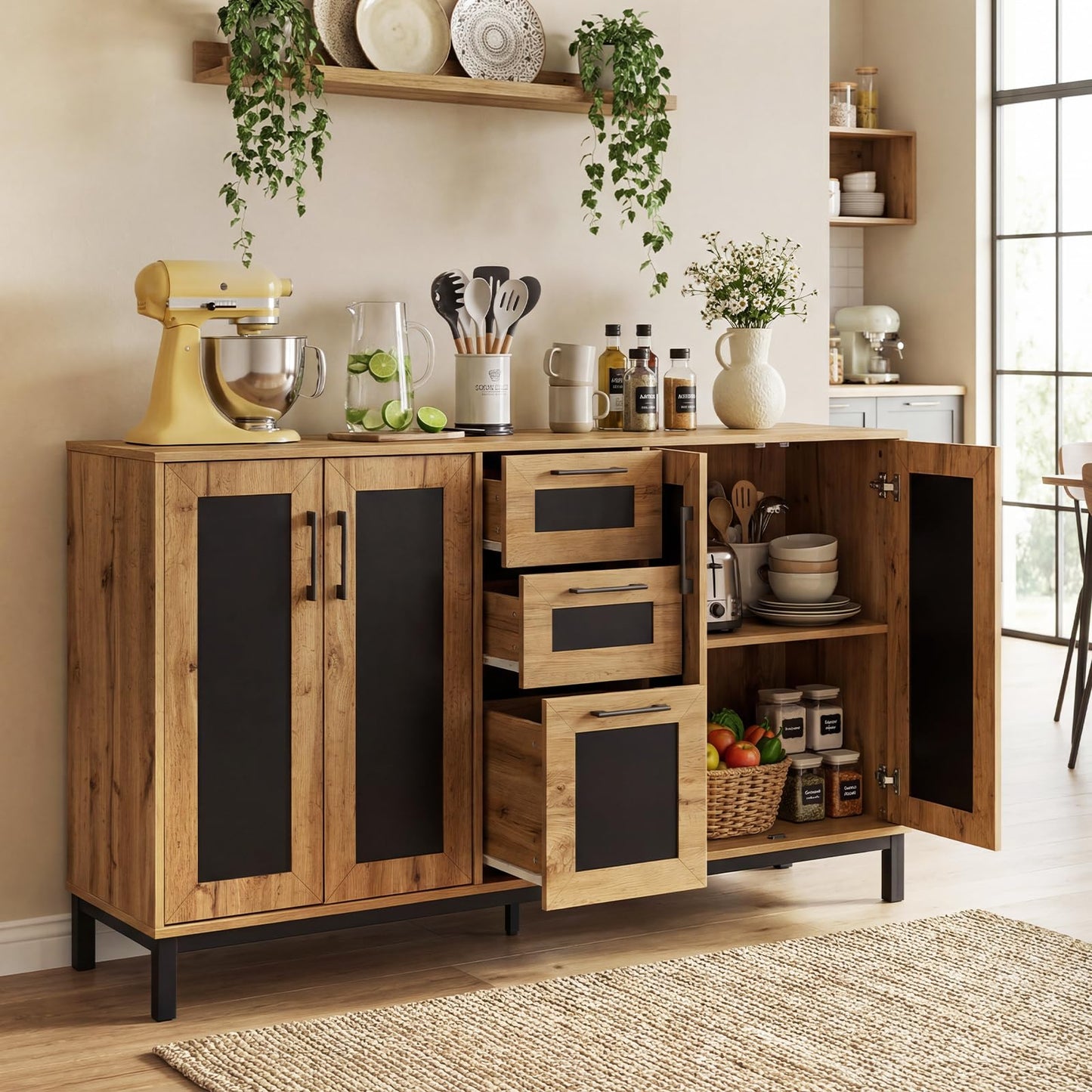 Giantex 63” Sideboard Buffet Cabinet, Large Farmhouse Organizer with 3 Drawers & Storage Shelves, 4-Door Modern Accent Coffee Bar Console Station for Kitchen, Entryway, Living Room