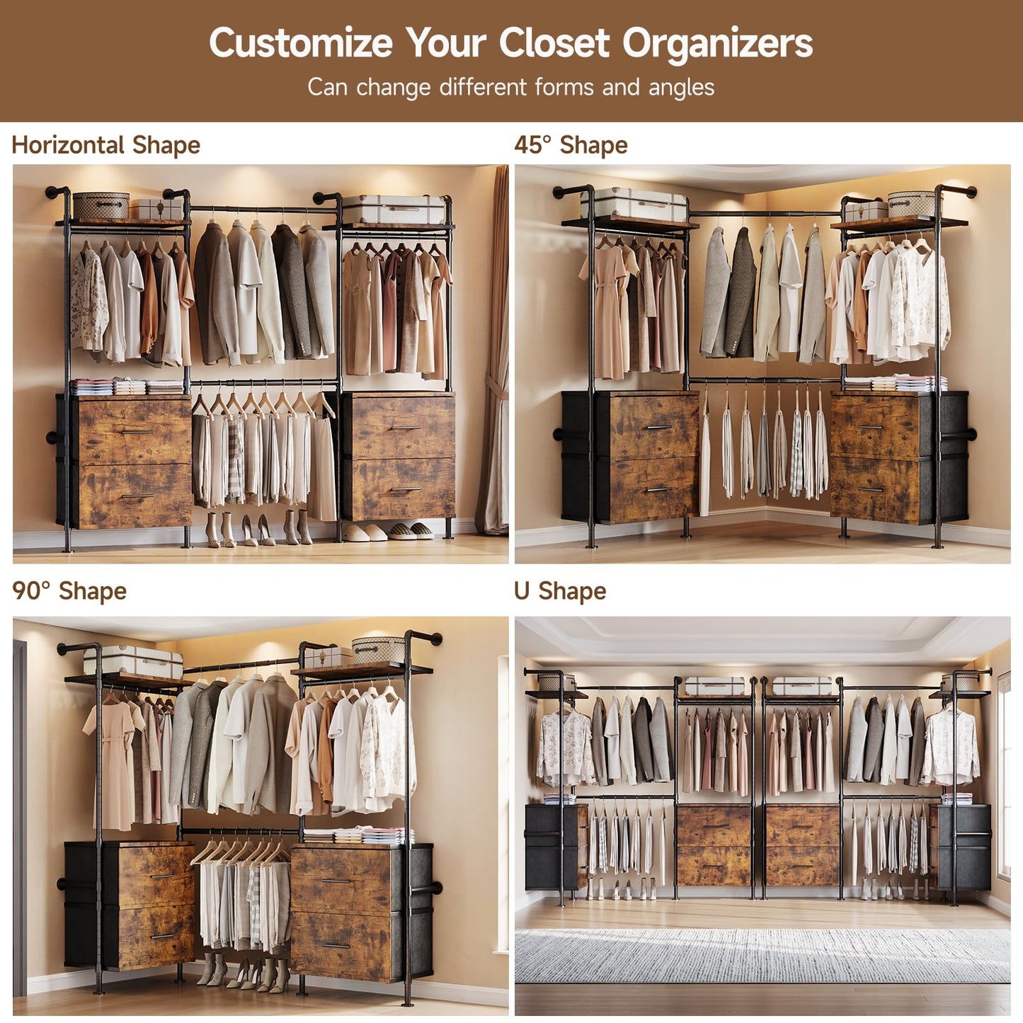 ONBRILL T4 Wall Mounted Closet System, Industrial Pipe Clothing Rack with 8 Wooden Shelves, 4 Drawers & 4 Hanging Rods (2 Expandable), Heavy Duty Closet Organizers and Storage System (Rustic Brown)