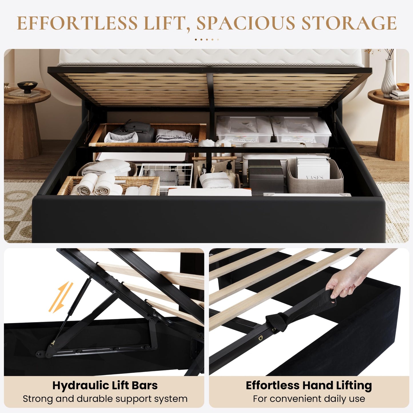 SHA CERLIN Queen Size Lift Up Storage Bed Frame, Vertical Channel Tufted Headboard with Wingback, Hydraulic Underneath Storage Space, Soft Velvet Upholstered Platform Bed, No Box Spring Needed, Black