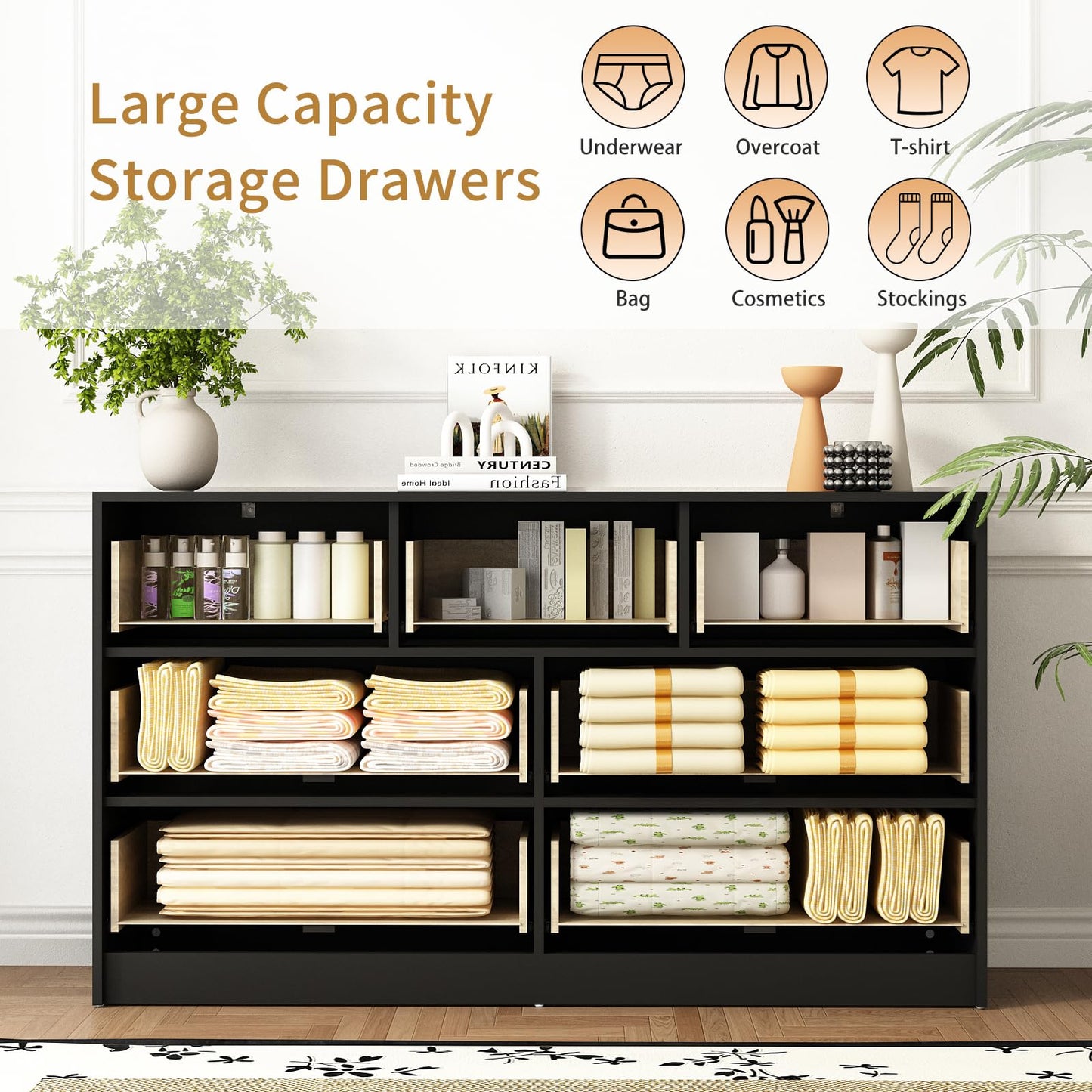 Sscaktu 7 Drawer Dresser and Nightstand Sets for Bedroom, 3 Pcs Bedroom Set，Night Stand Set of 2 & 7 Drawer Dresser with Gold Handles, Modern Wood Chest of Drawers Storage Cabinet Set, Black