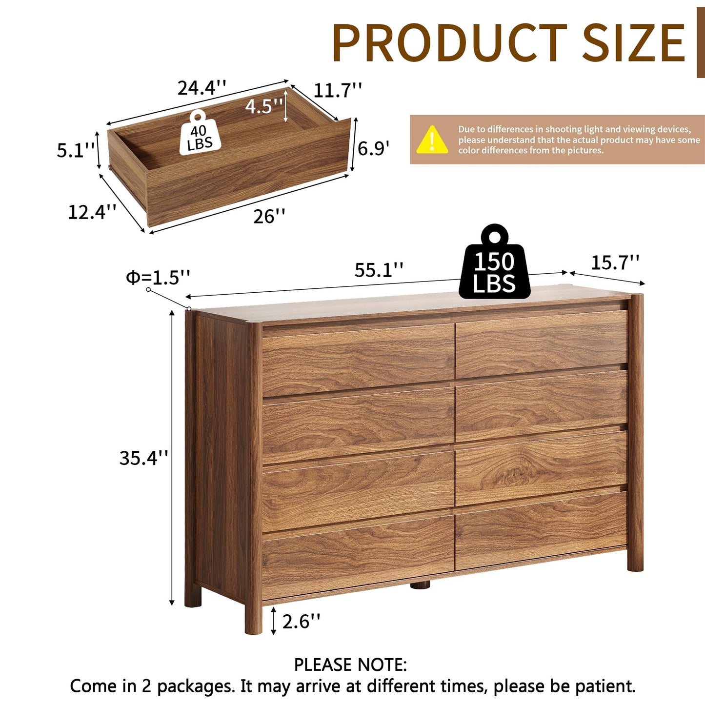 CHUWELL Walnut Dresser for Bedroom，55" Wide Mid Century Chest of Drawers with 8 Large Storage Space and 4 Solid Wood Cylindrical Legs,8 Drawer Large Dresser for Bedroom