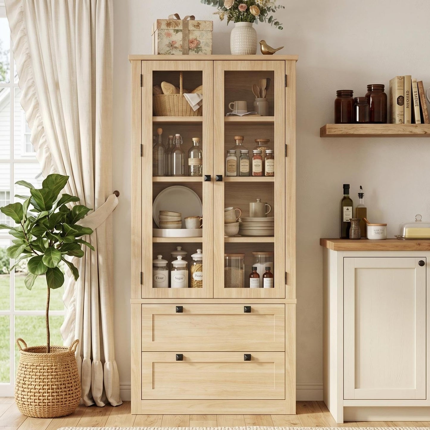 71" Tall Kitchen Pantry Cabinet - Modern Display Storage Cabinet with 2 Large Drawers, Glass Doors, and Adjustable Shelves, Farmhouse Kitchen Cupboard for Dining Room, Bathroom, Living Room, Natural
