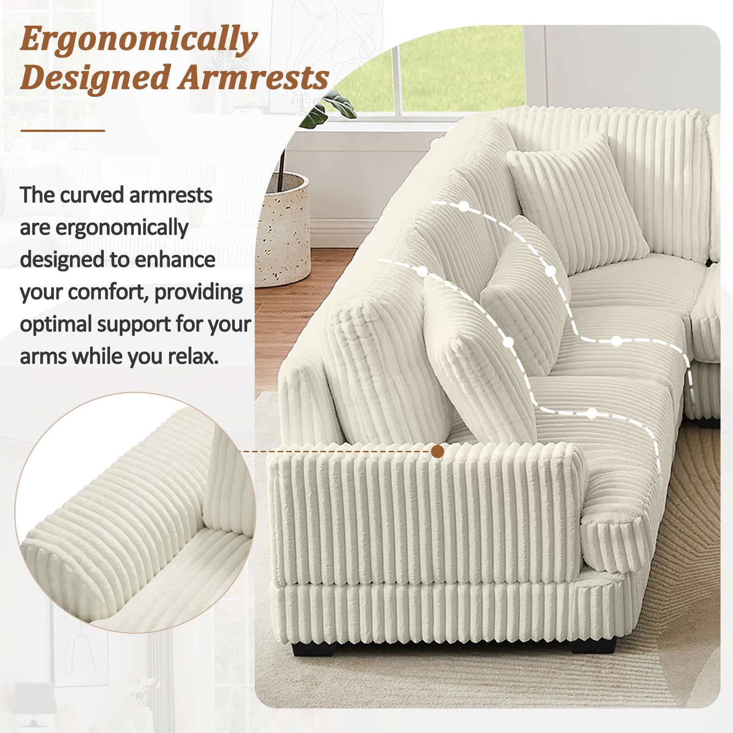 ERYE 129-Inch U-Shaped Sectional Sofa Couch W/Right Facing Chaise Lounge,Oversized Corduroy Upholstered Corner Modular Sofa Couch with 7 Toss Pillows for Living Room Sets