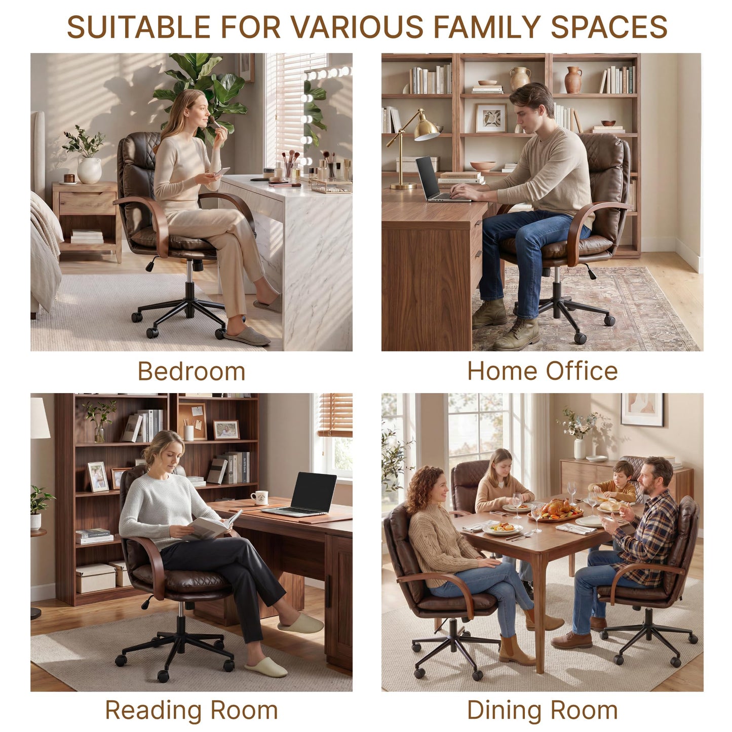 KISLOT Home Office Desk Chair, Ergonomic Office Chair with Lumbar Support, Adjustable Swivel Computer Chair with Wheels, Faux Leather Executive Task Chair with Wood Arms, Espresso