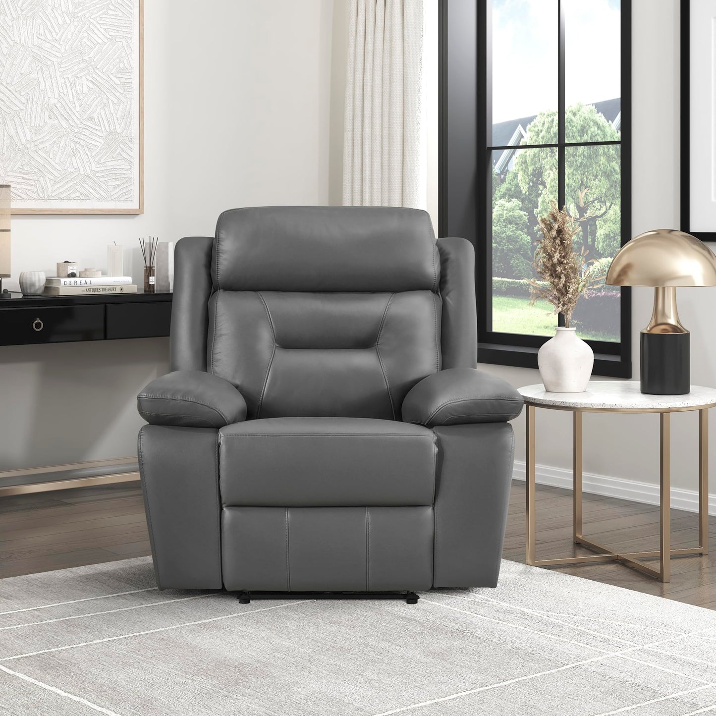 Lexicon Power Recliner Chair for Living Room, Top Grain Leather Match Recliner with Pillow Top Armrests, Home Theater Seating, Wall Hugger Recliners with USB Port, 40" W, Dark Gray