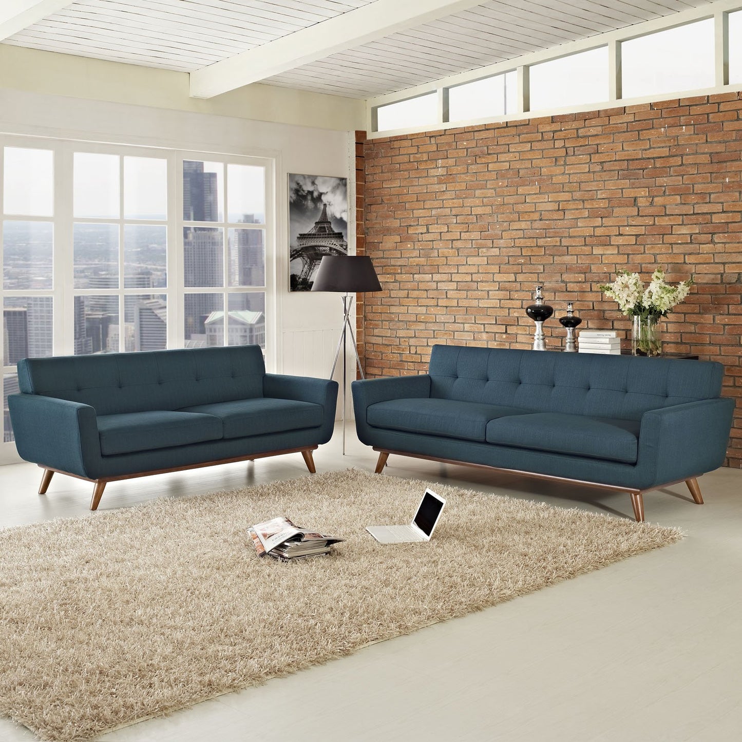Modway Engage Mid-Century Modern Upholstered Loveseat and Sofa in Azure, Set of 2