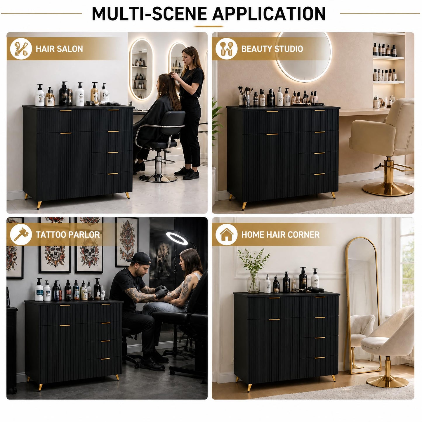 Merax Barber Salon Station with Fluted Design, Gold Metal Legs & Handles, Multi-Zone Storage, 3 Hair Dryer Holders & Barber Storage Cabinet, 5 Drawers, Easy Assembly for Salons Barber Shop, Black