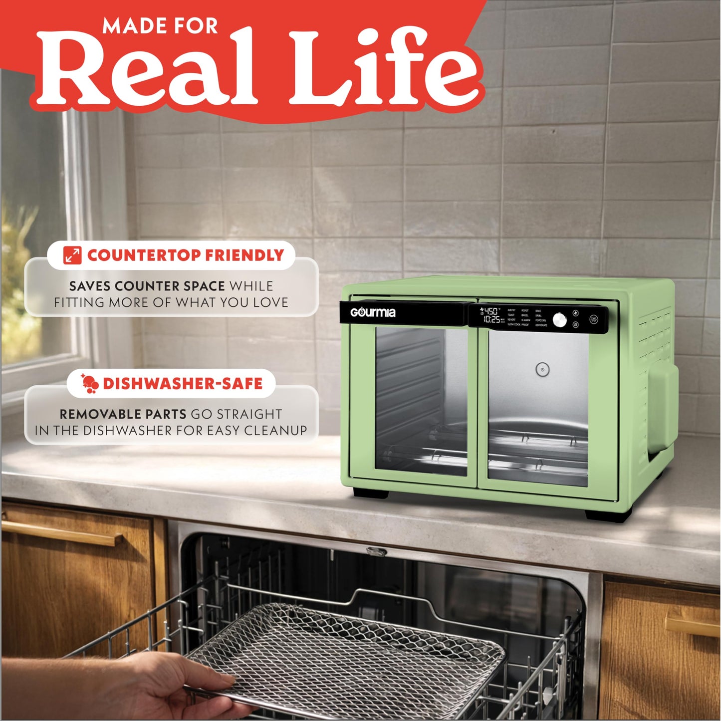Gourmia French Door Air Fryer Oven - 37 Qt Large Capacity Convection Toaster Oven, FryForce 360°, Digital Display, 12 Cooking Presets, Dehydrate, Fits 13” Pizza, Dishwasher-Safe, Green