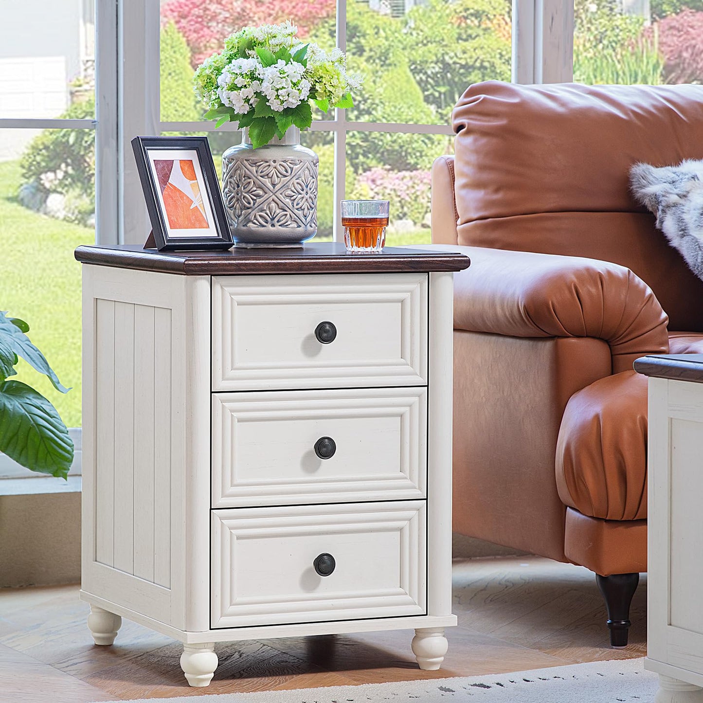 RWYHG 18" Farmhouse Night Stand Set of 2, White Wood Nightstand with 3 Drawers, Bedside End Table with Storage and Roman Column, Bed Side Tables Cabinet for Bedroom, Living Room, and Closet