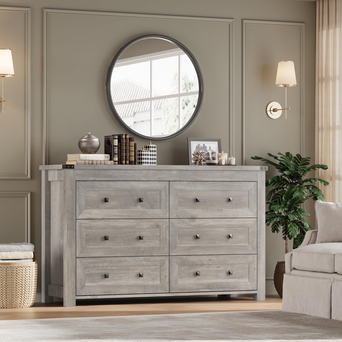 BORNOON 6-Drawer Dresser, Modern Wooden Storage Chest of Drawers, Dresser TV Stand, Wood Drawer Organizer with Metal Handles for Bedroom, Living Room, Hallway