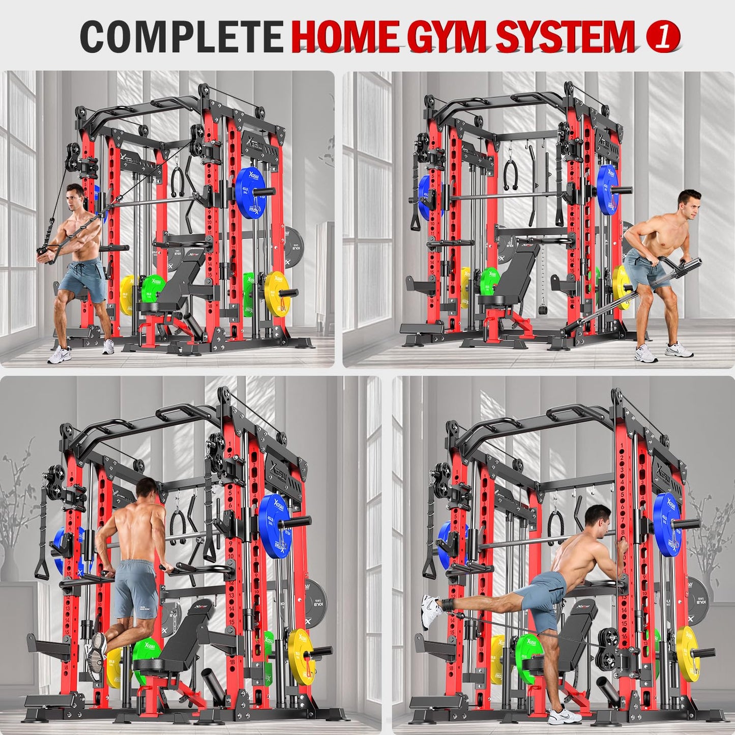 Smith Machine with Cable Crossover System, Multi-Function Power Cage Squat Rack for Home Gym, Power Rack and Packages Weight Sets. (Red, L04-Smith Machine+Bench+(Pole+Cast lron) 250LBS)