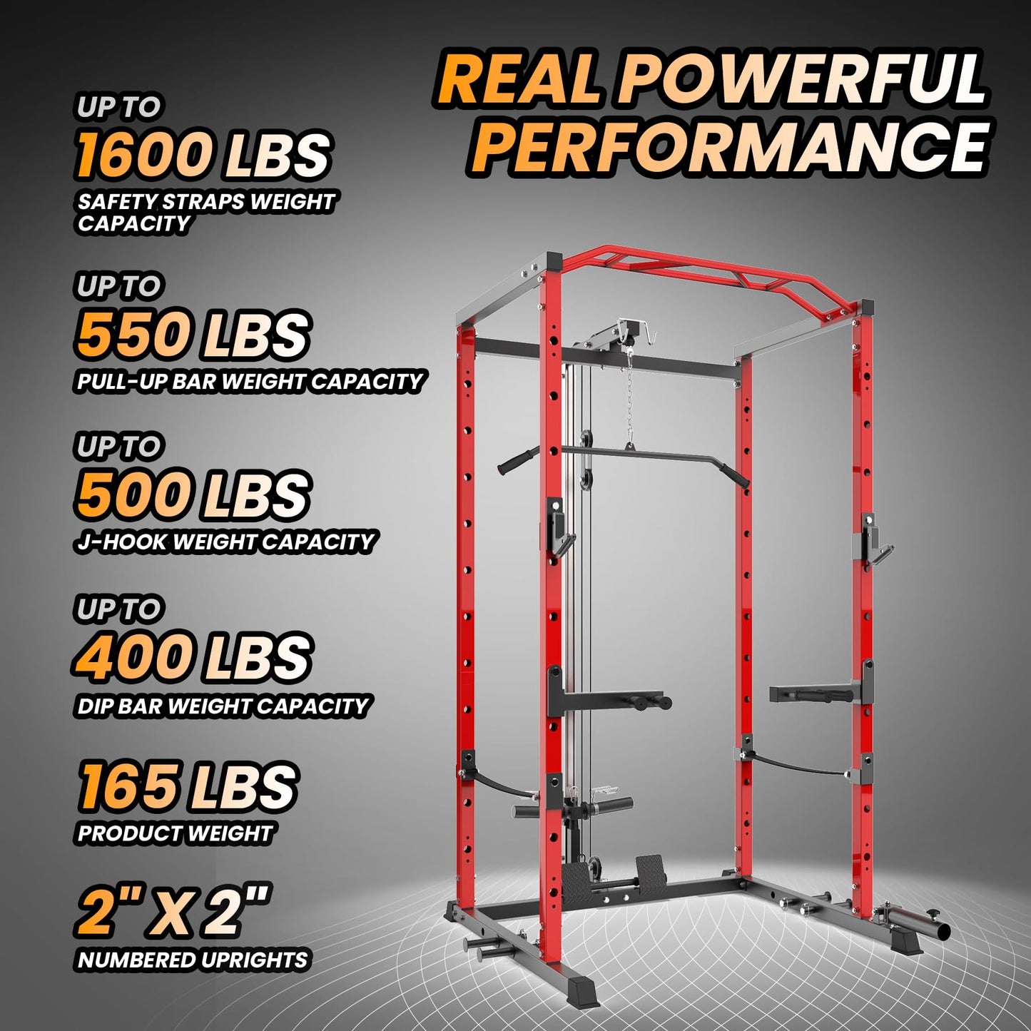 Power Cage with LAT Pulldown, Multi-Functional Power Rack with Cable Pulley System and J-Hooks, Squat Rack with Dip Bars and Landmine Attachment, Weight Cage for Home Gym Equipment (Black/Red)