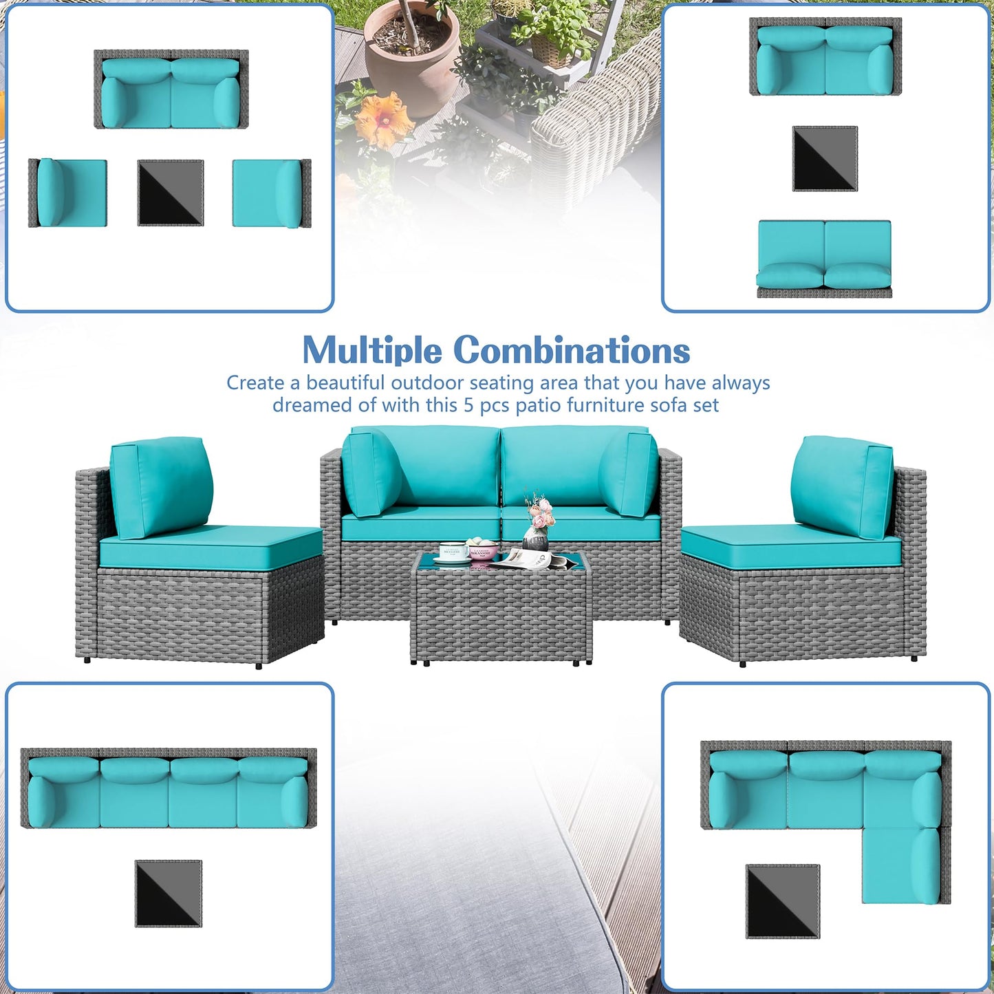 Patio Furniture Sets, 5 Piece Outdoor Sectional Sofas, Wicker Rattan Outdoor Furniture Patio Conversation Set, All-Weather PE Rattan Outdoor Couch for Backyard, Garden, Gray & Blue