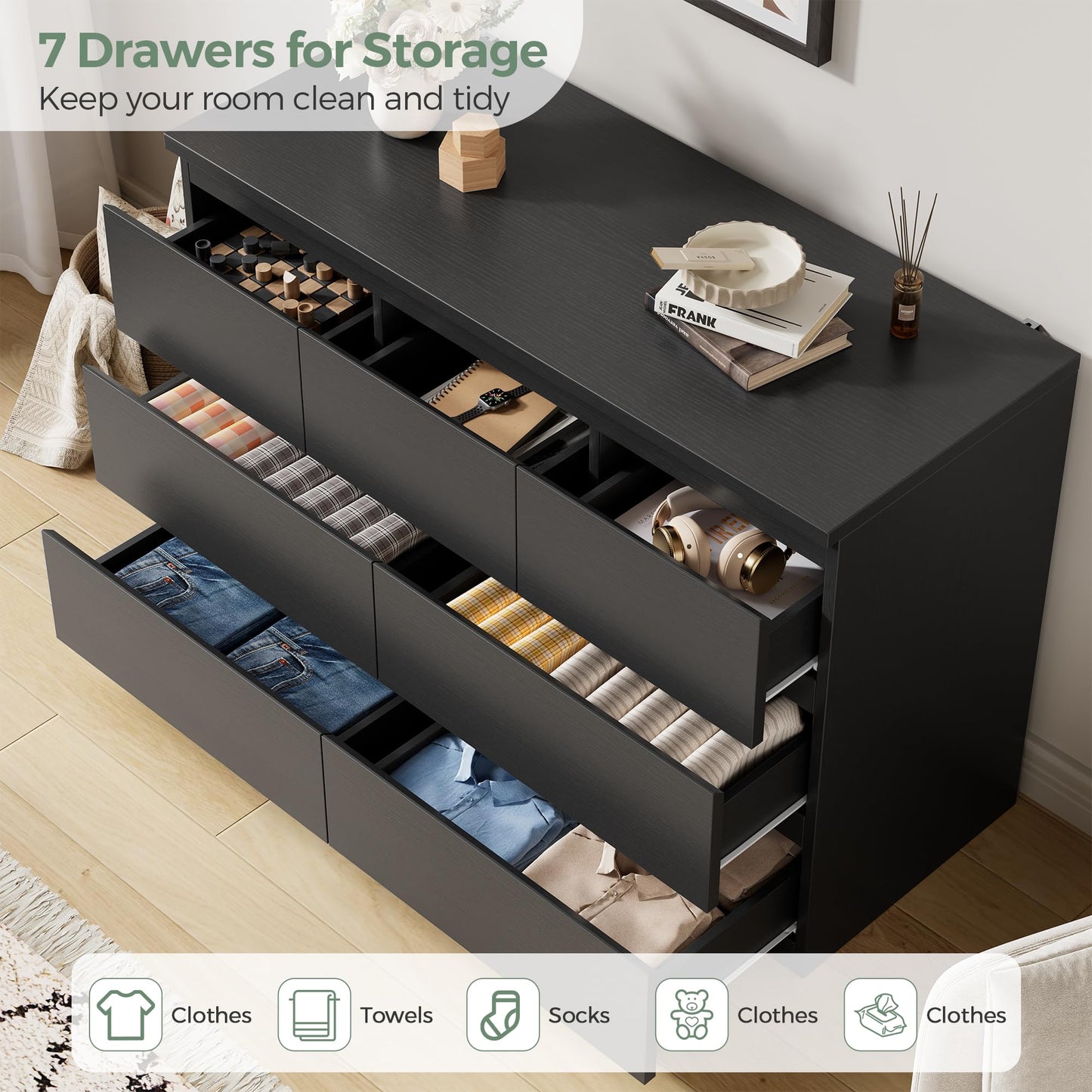 Jocoevol Modern Black 7 Drawer Dresser for Bedroom, Simply Chest of Drawers, Wood Storage Dresser with Deep Drawers for Living Room Hallway Entryway, Black