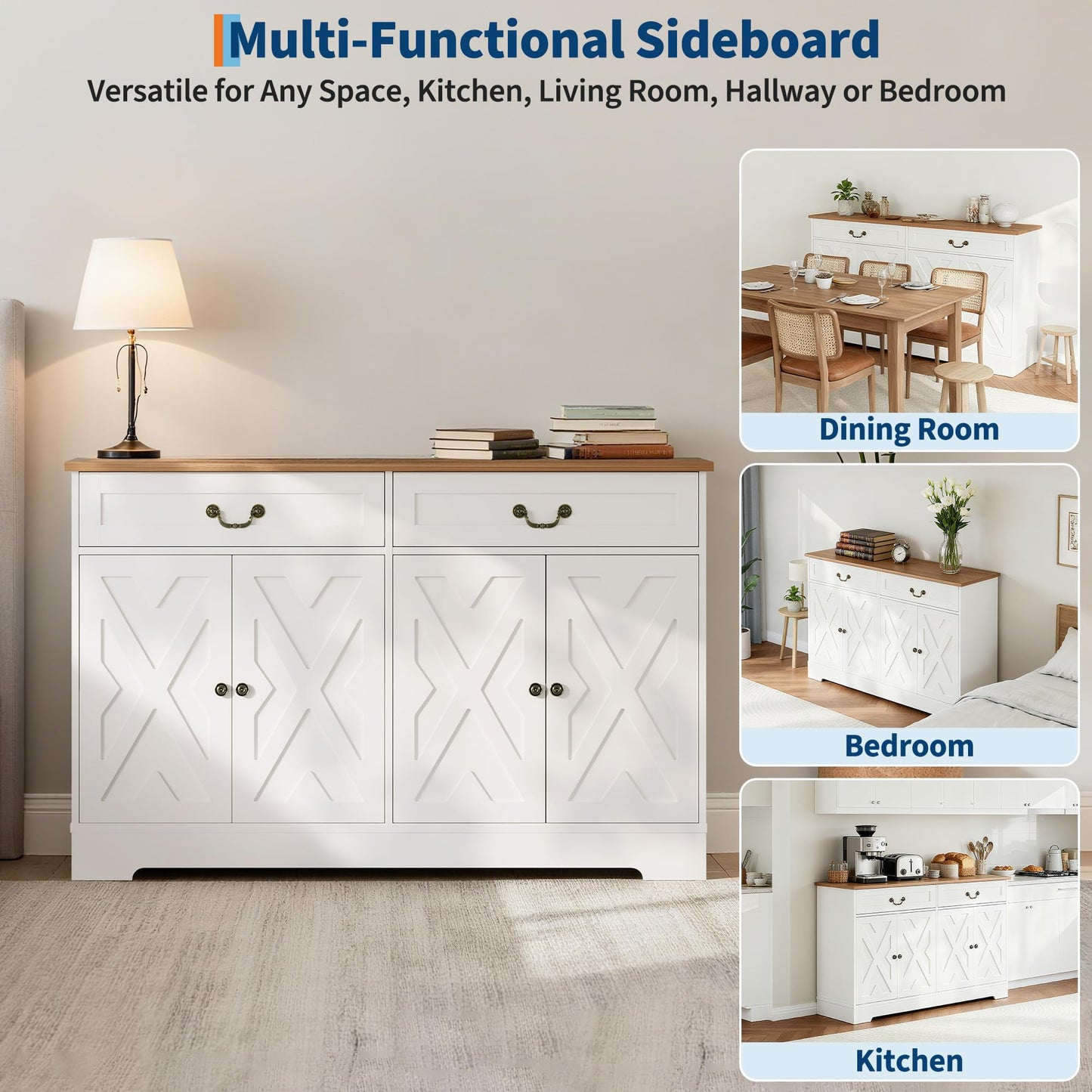 IDEALHOUSE 57 Inch Farmhouse Buffet Cabinet with Storage, White Sideboard with 4 Doors & 2 Drawers, Adjustable Shelves Coffee Bar Cabinet, Multi-Functional Storage for Living Room & Dining Room