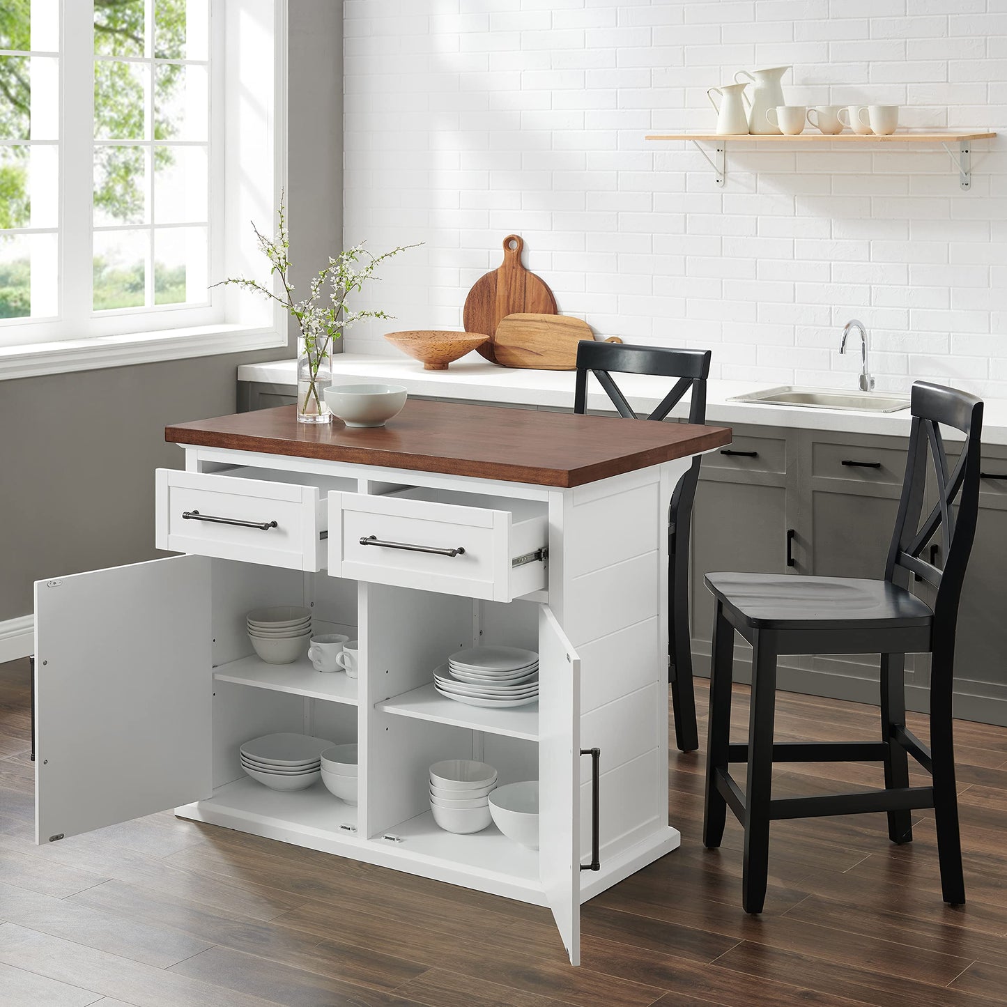 Crosley Furniture Bartlett Kitchen Island with Wood Top and X-Back Stools, White/Black