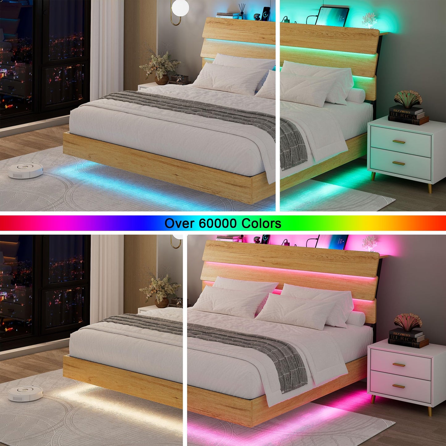 Feonase Floating Bed Frame King with Led Lights and Charging Station, Wood Full Size Bed Frame with Storage Headboard, Heavy Duty Metal Slats, No Box Spring Needed, Easy Assembly,Oak