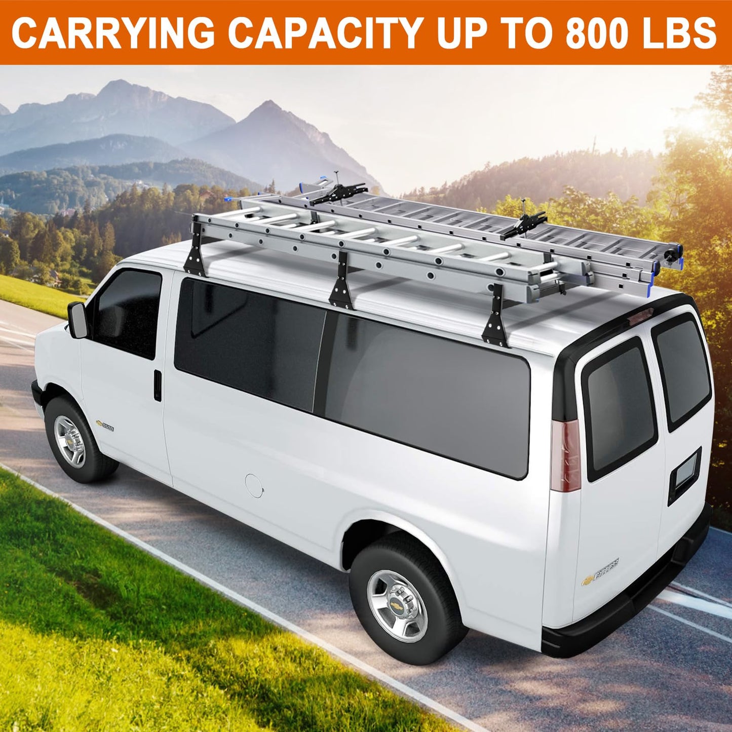CIRONBOW Universal Roof Ladder Rack for Van,Roof Rack for Minivan/Panel Van,Adjustable Length 57''-65'',3 Bars-Fit Chevy Express Vans1996-Up,800LB Load-Capacity,Gutter Clamp Type,Matte Coating Black