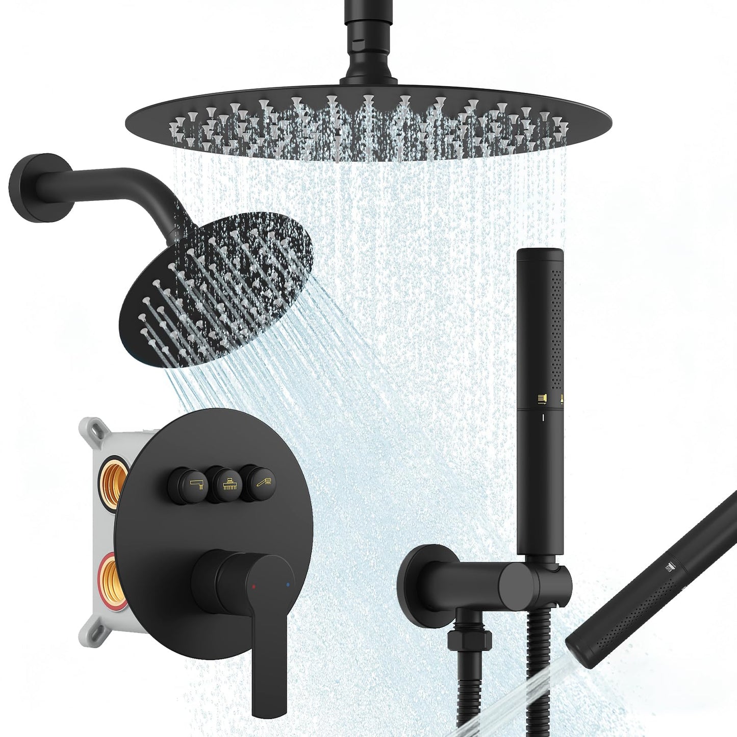 BESy Shower Faucet Set 10 Inch Round Ceiling Mount Rainfall Shower System with 6 Inch Wall Mount Dual Rain Shower Head Push Button Diverter with 2 in 1 Handheld Showerhead for Bathroom Matte Black