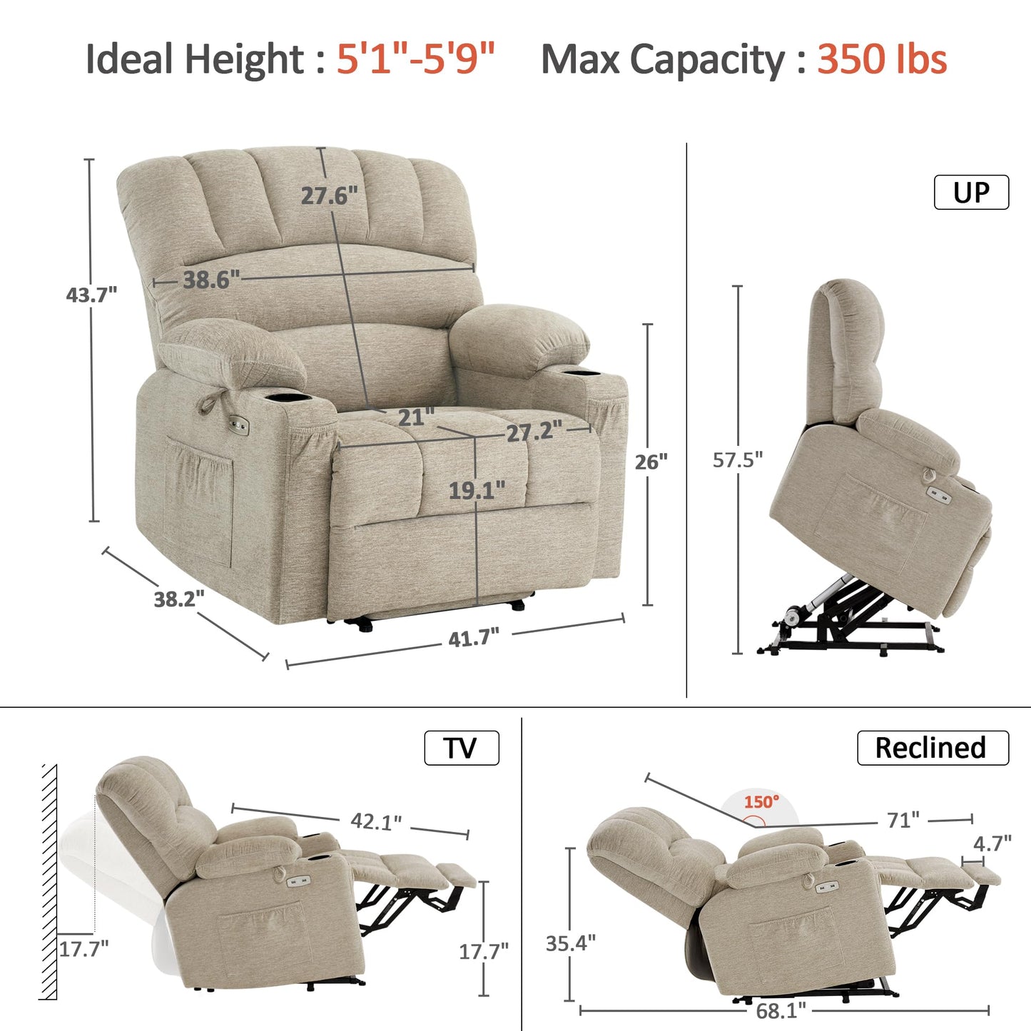 MCombo Power Lift Recliner Chair for Elderly, Lift Chair with Heat and Massage, Extra Wide Lift Recliner for Big People, Fabric R7096 (Medium-Wide, Beige)