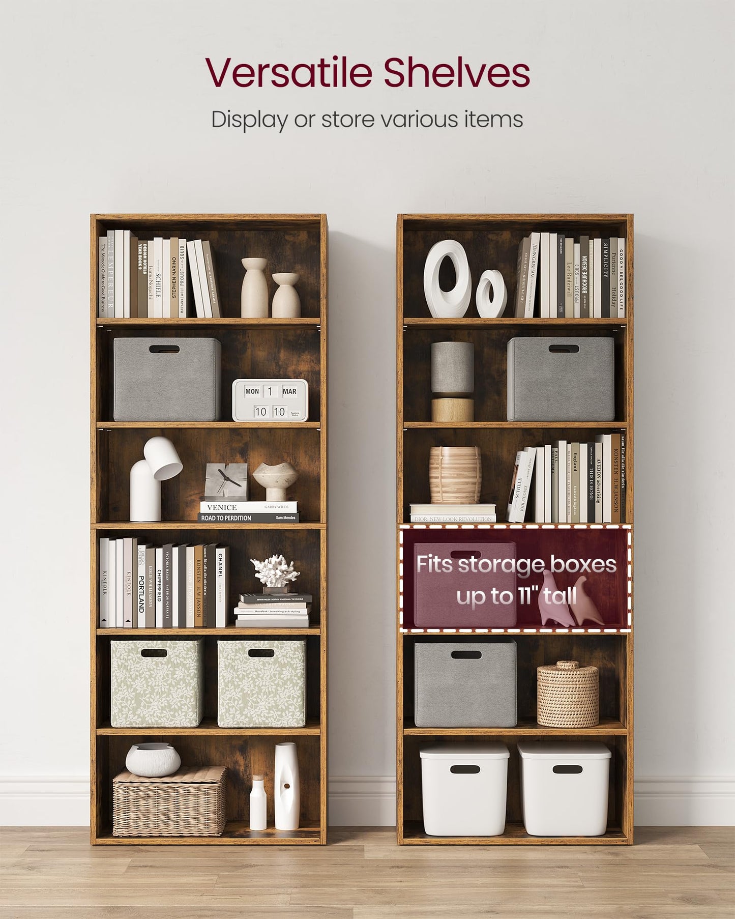 VASAGLE Set of 2 Bookshelves, 23.6 Inches Wide, 6-Tier Open Bookcases with Adjustable Storage Shelves, Floor Standing Units, Rustic Brown ULBC166X01-2