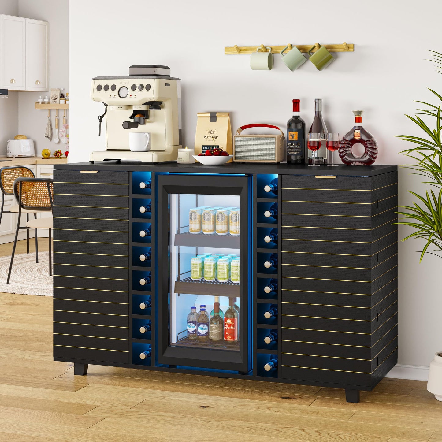 Feonase Coffee Bar Cabinet with Fridge Space (Fridge Not Include), Wine Cabinet with Wine Storage, Liquor Bar Cabinet with LED Lights, 16 Wine Racks, Wine Storage for Kitchen, Dining Room, Living Room