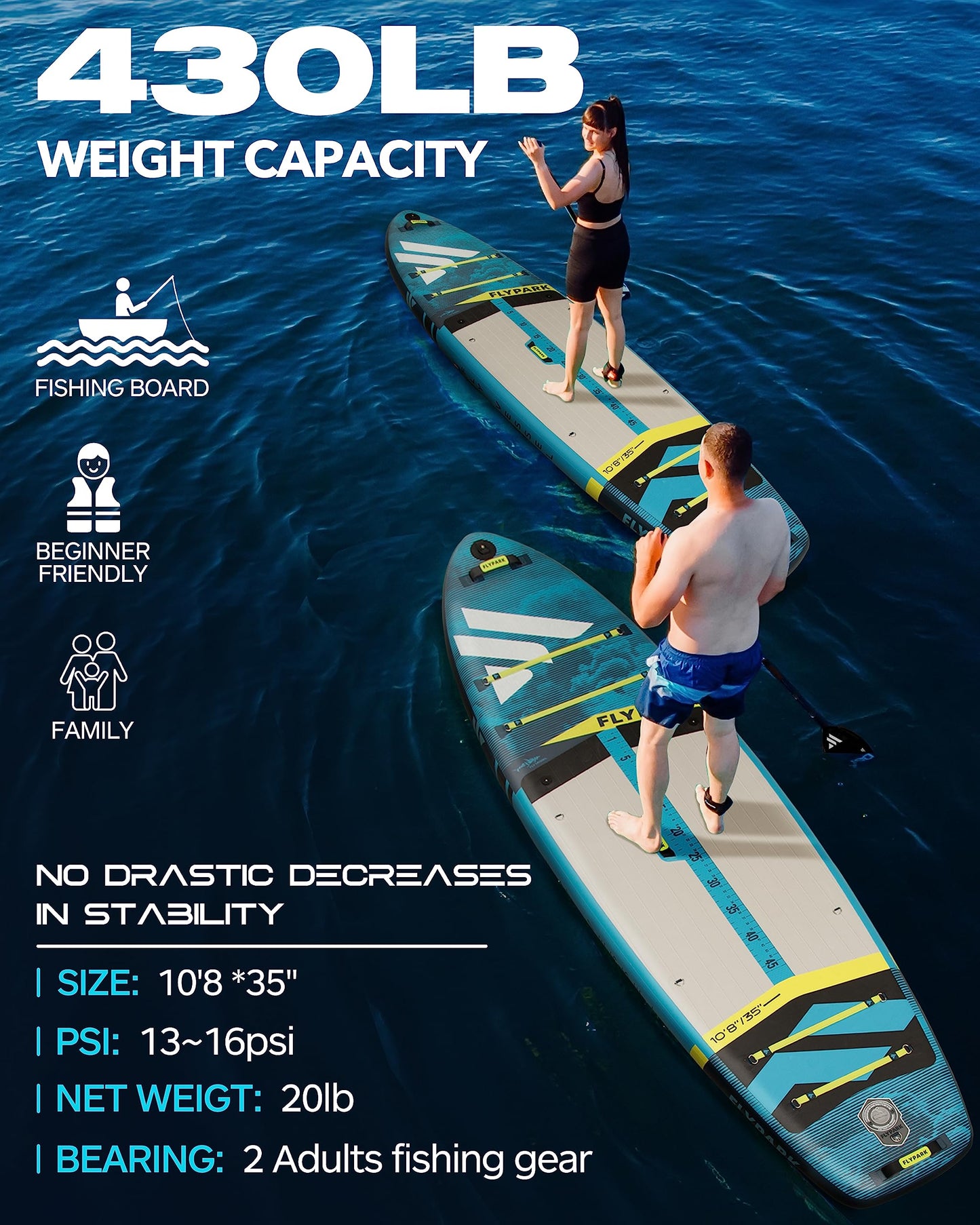 Flypark 10'8''x35'' Fishing Inflatable Paddle Board, Extra Wide SUP Paddleboard Inflatable, Fishing Stand Up Paddle Board, 2 Fish mounts, Rod Hold, Measurement, Kayak seat, Camera Mount Shoulder Strap